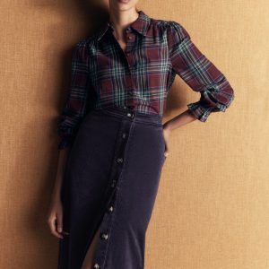 Val Button Cord Midi Skirt-Navy