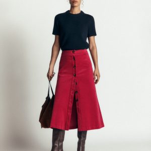 Val Button Cord Midi Skirt-Red Earth