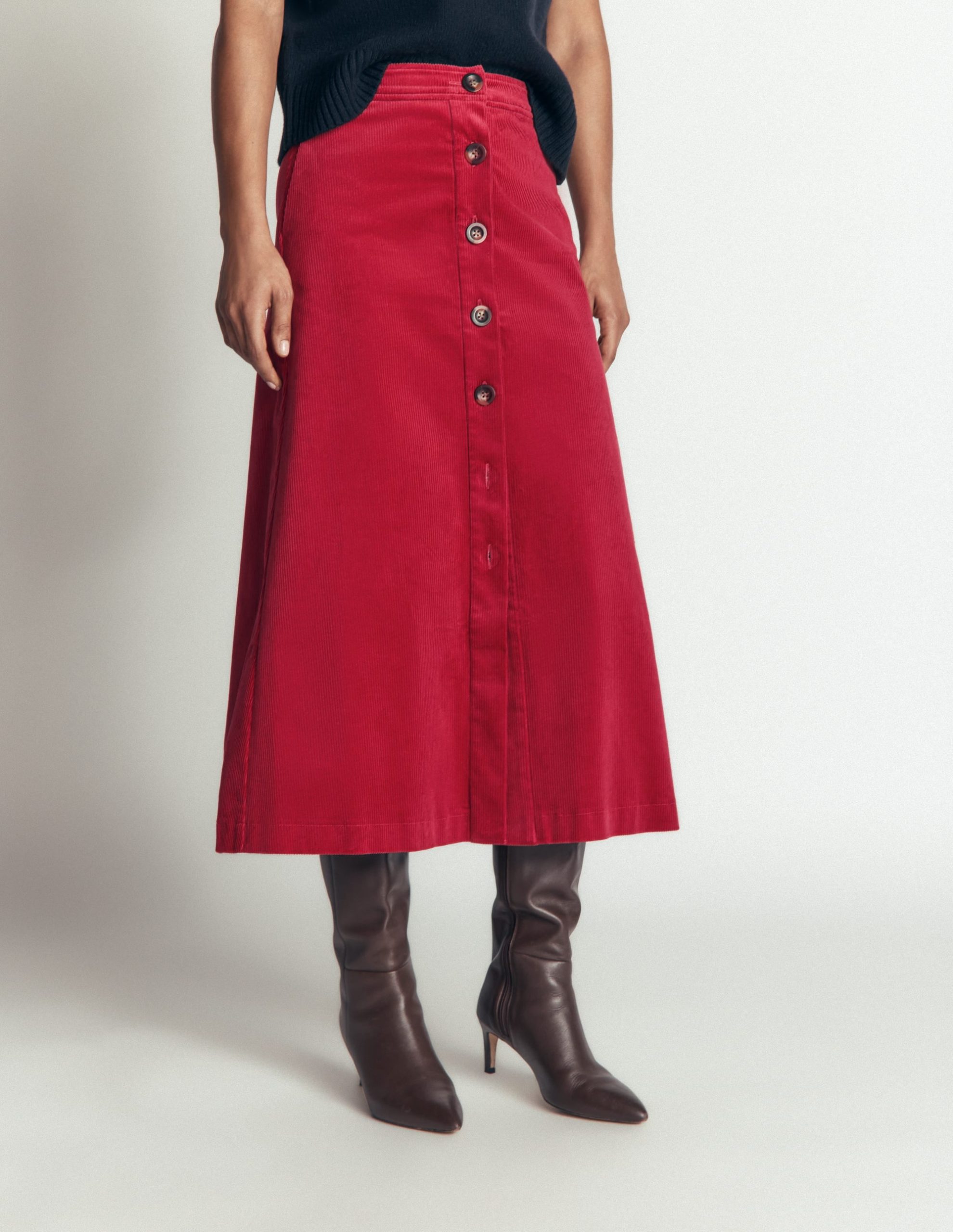 Val Button Cord Midi Skirt-Red Earth - Image 4