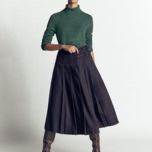 Pleated Midi Kilt-Navy Herringbone