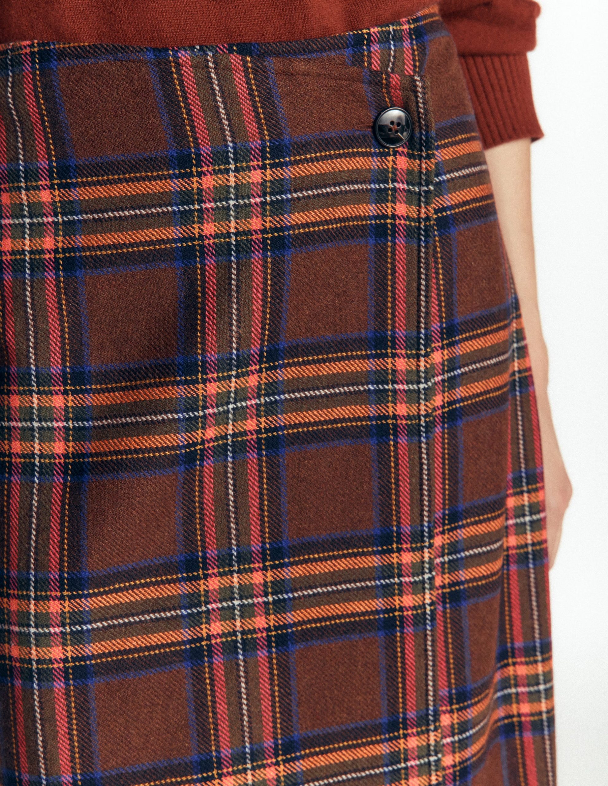Column Wrap Skirt-Brown. Blue and Orange Check