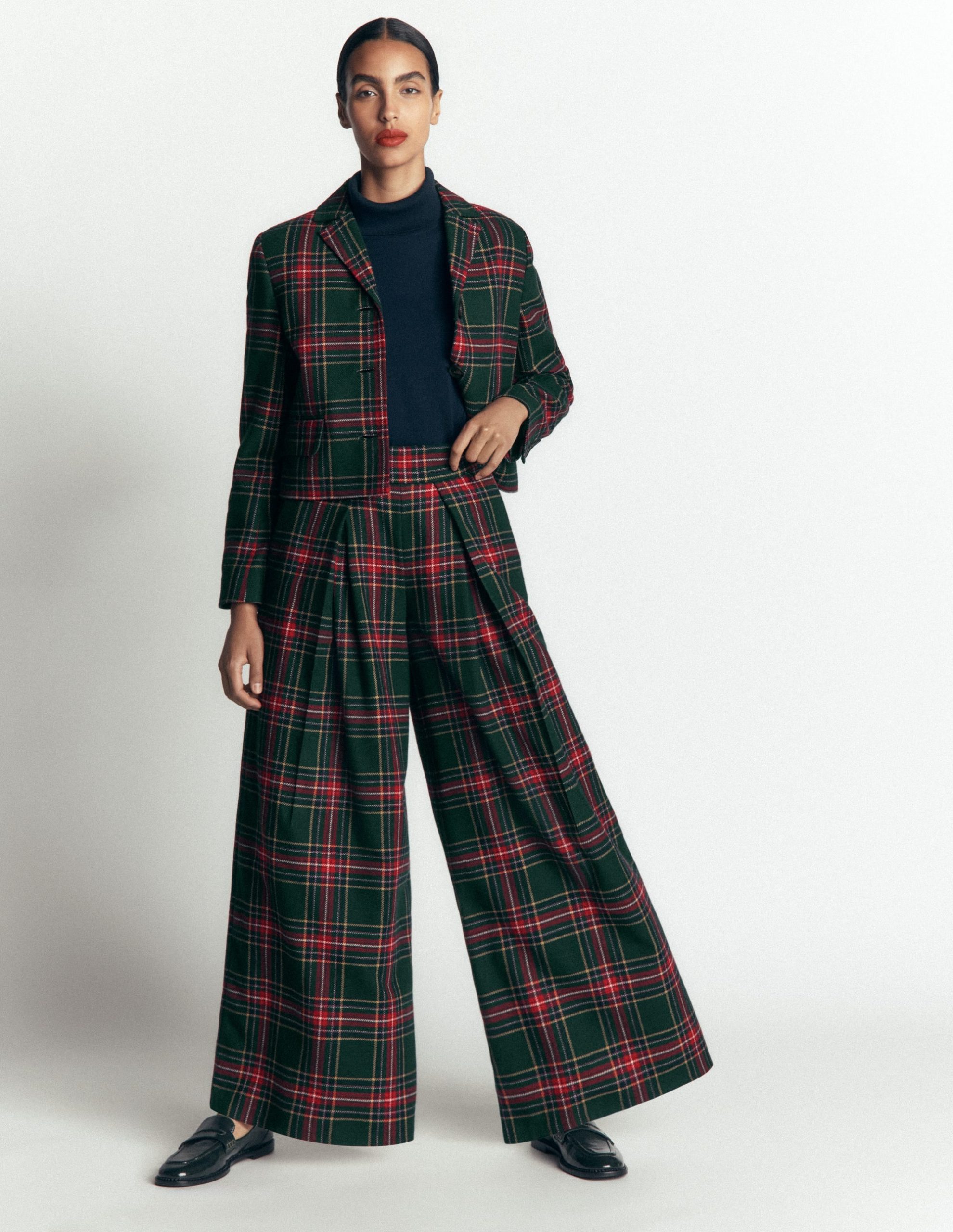 Wool Blend Pleated Pants-Green. Navy and Red Check - Image 2
