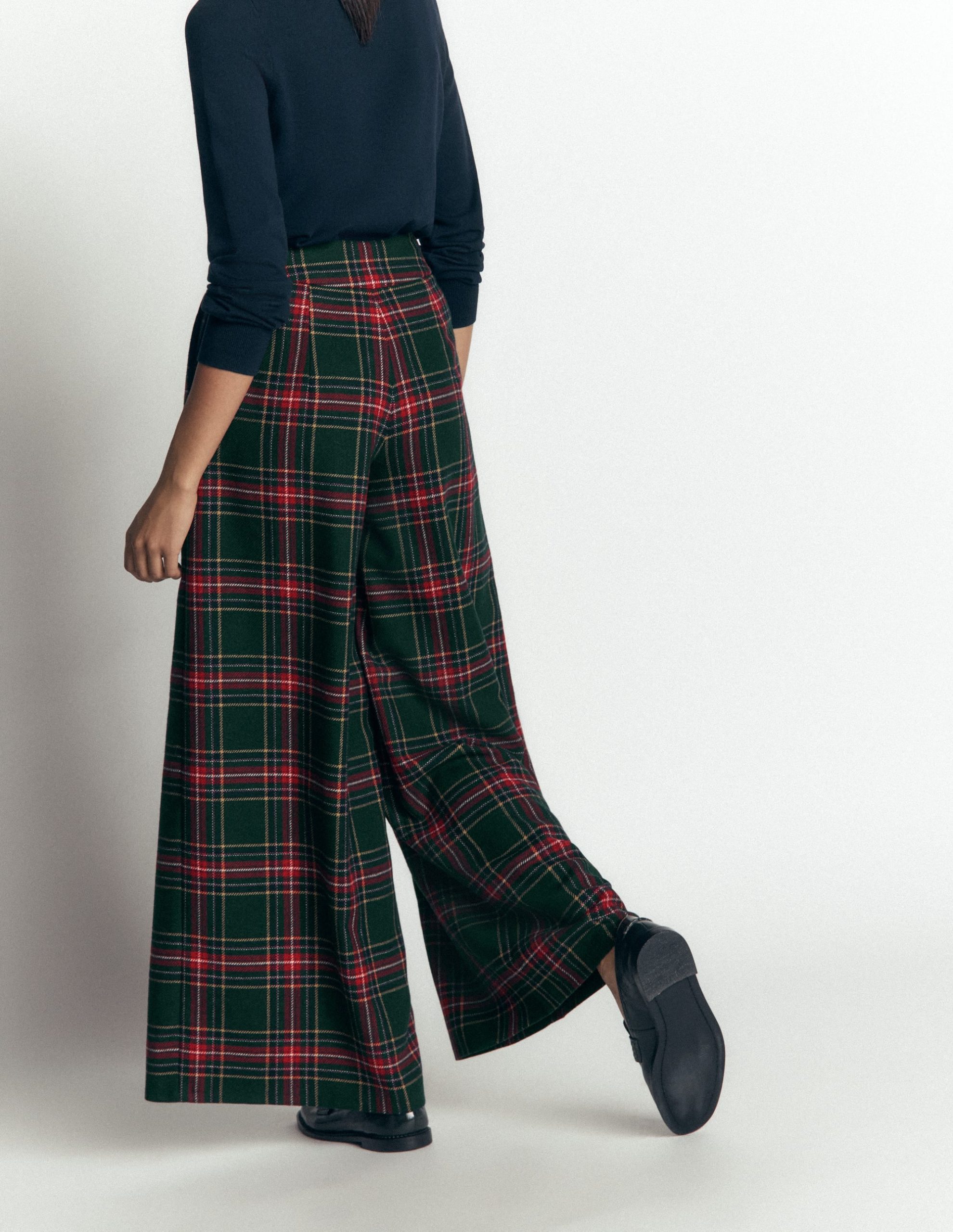 Wool Blend Pleated Pants-Green. Navy and Red Check - Image 4