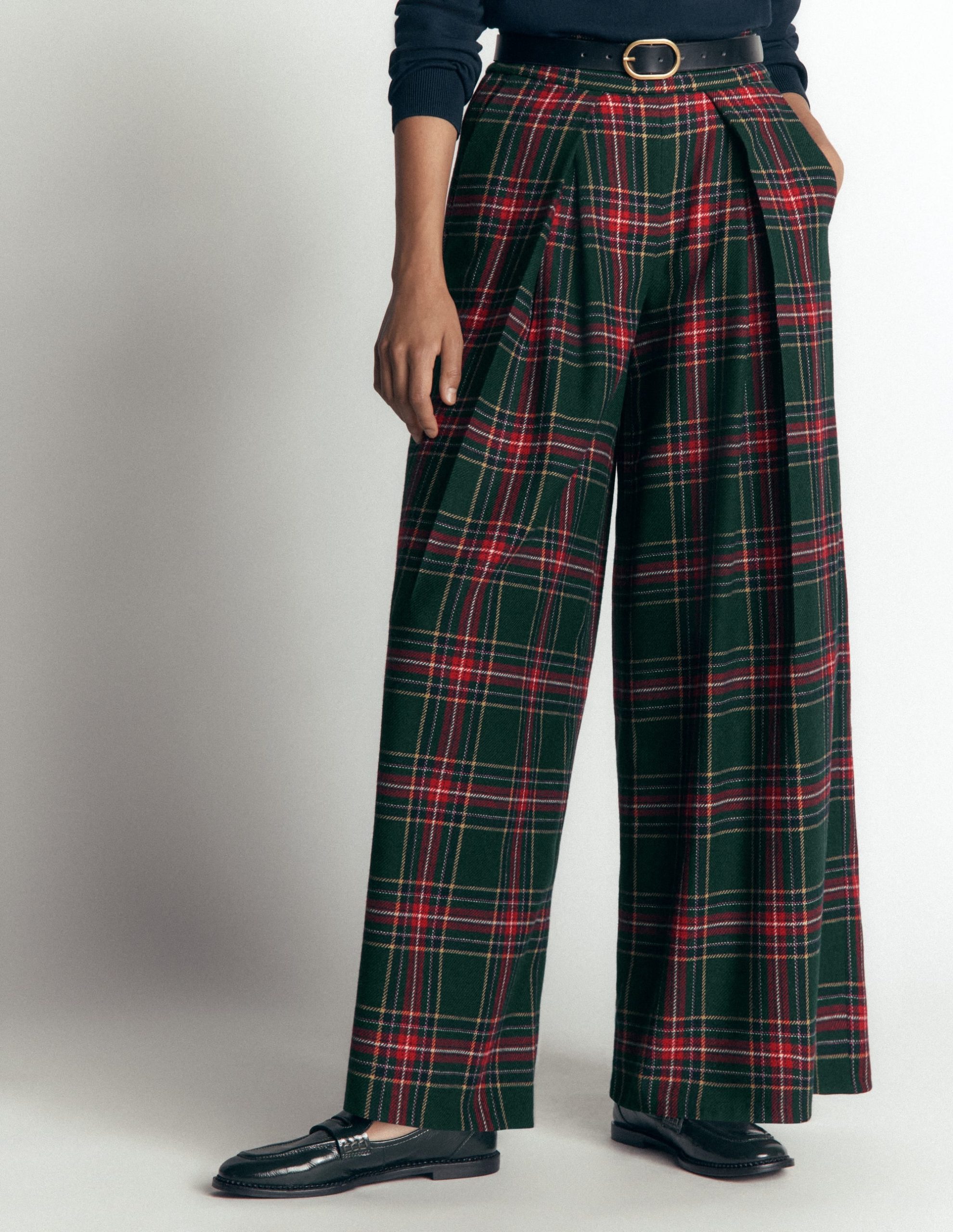 Wool Blend Pleated Pants-Green. Navy and Red Check - Image 5