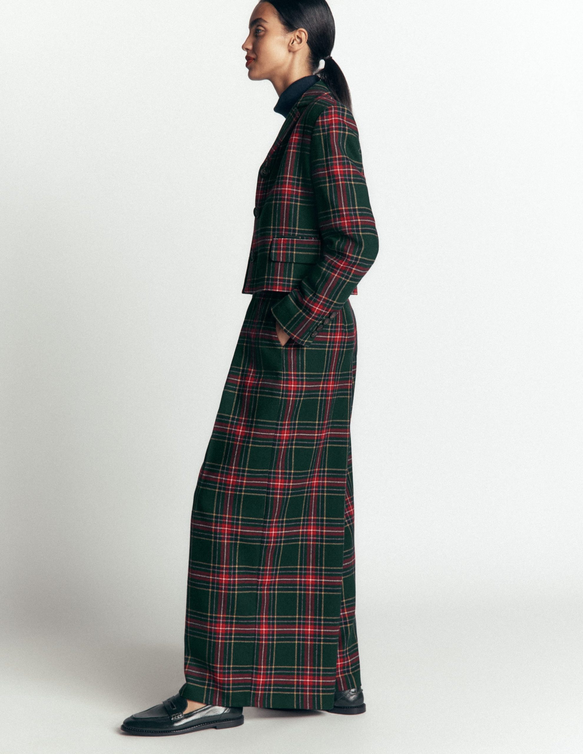 Wool Blend Pleated Pants-Green. Navy and Red Check - Image 6
