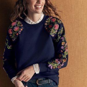 Emi Embroidered Sweatshirt-Navy. Multi flower embroidery