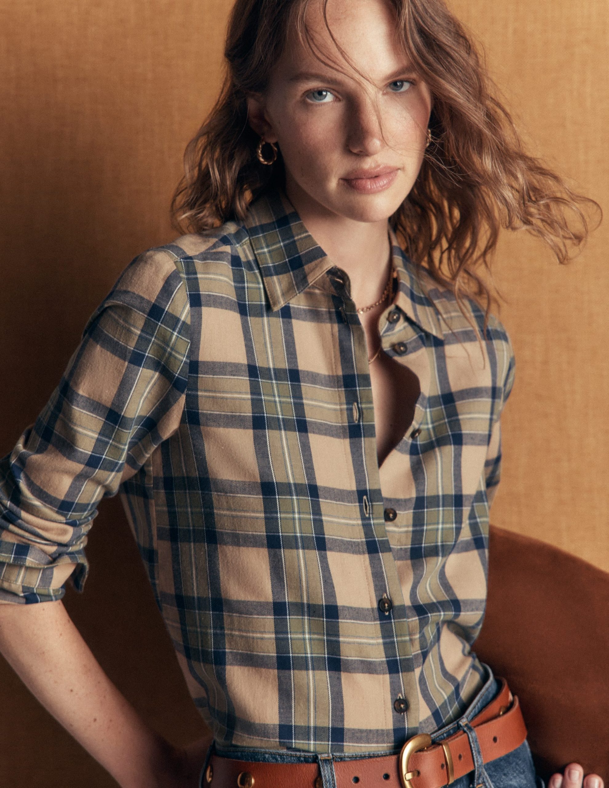 The New Sienna Cotton Shirt-Camel. Navy. Green Check