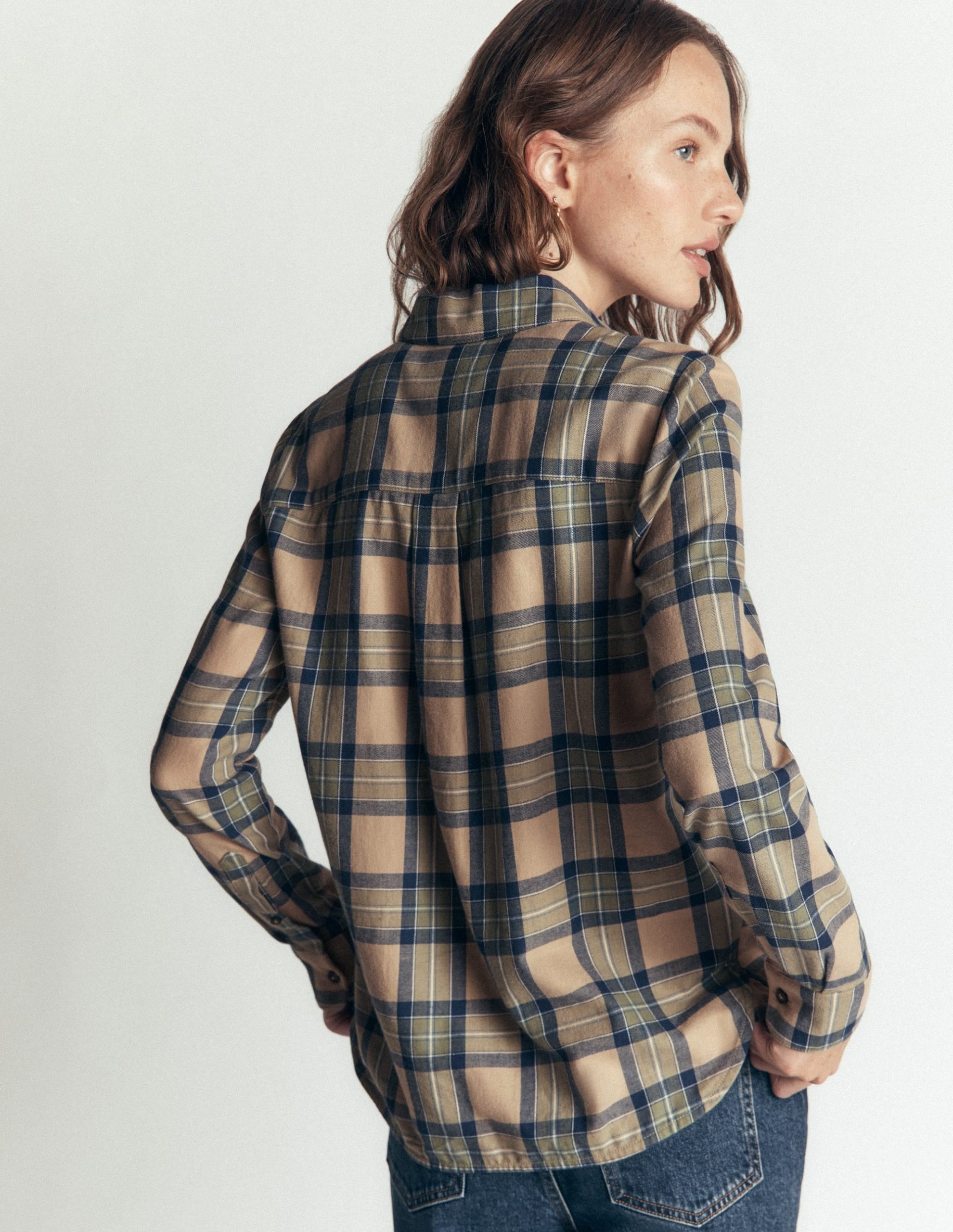 The New Sienna Cotton Shirt-Camel. Navy. Green Check - Image 3
