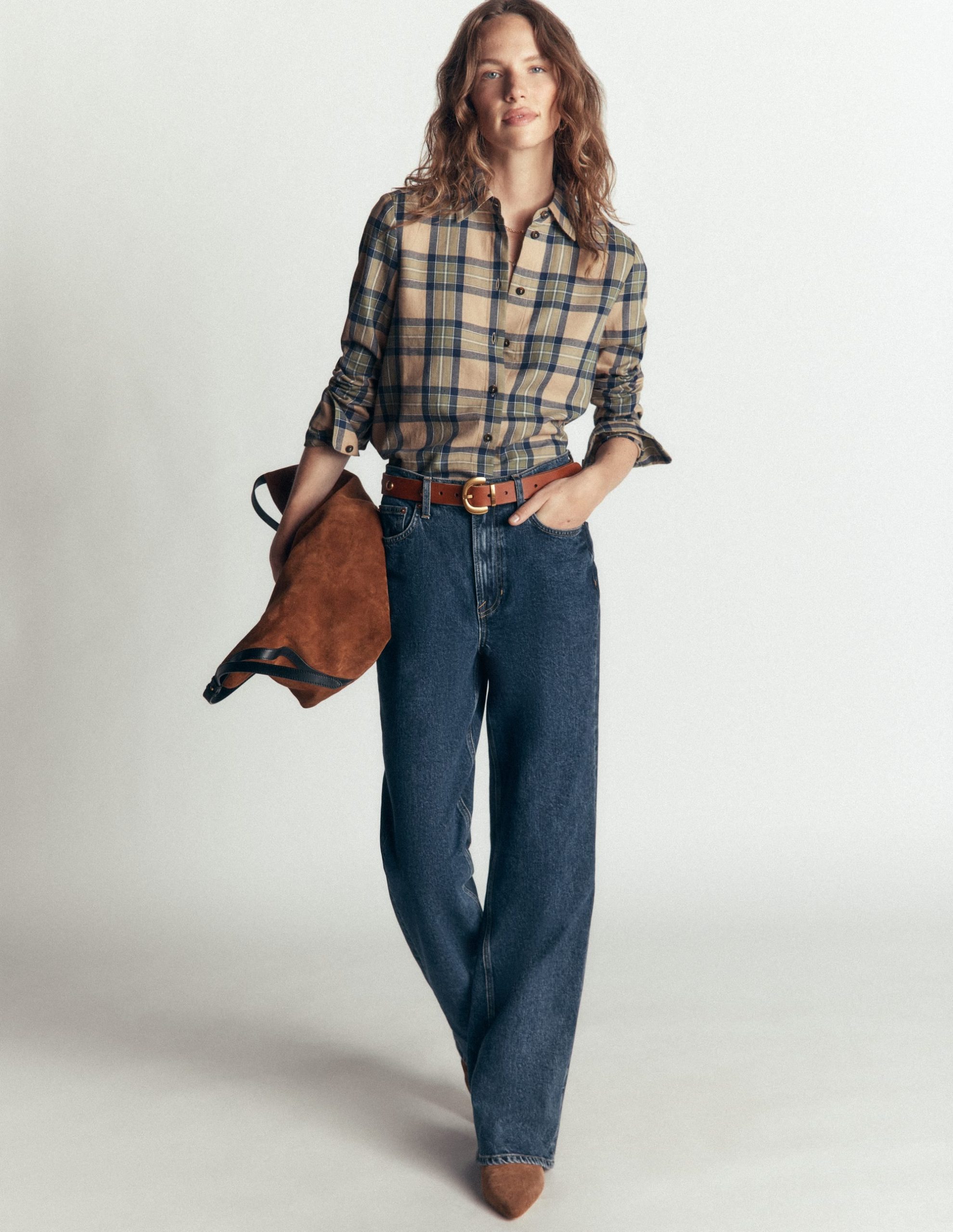 The New Sienna Cotton Shirt-Camel. Navy. Green Check - Image 4