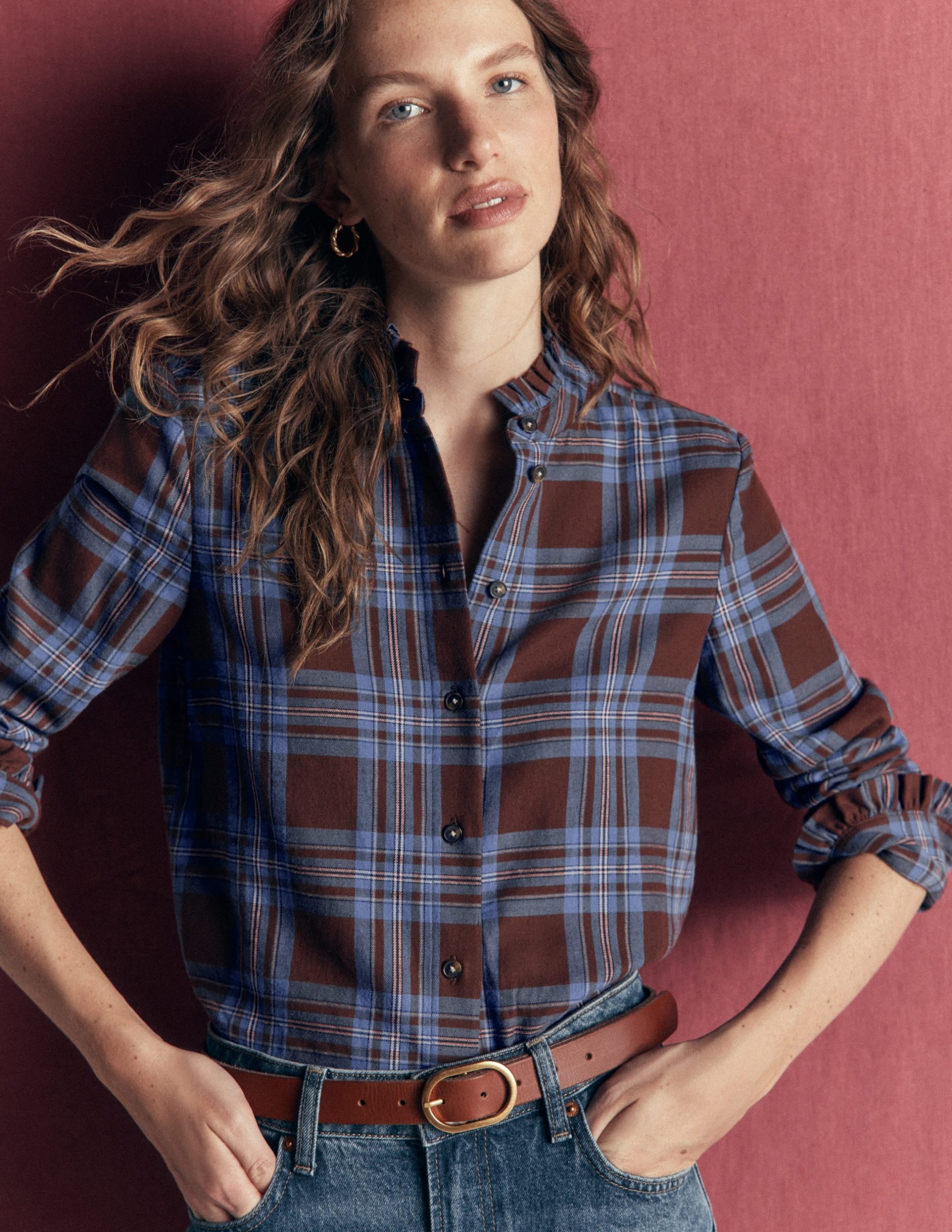 Sienna Frill Cotton Shirt-Brown. Blue And Pink Check