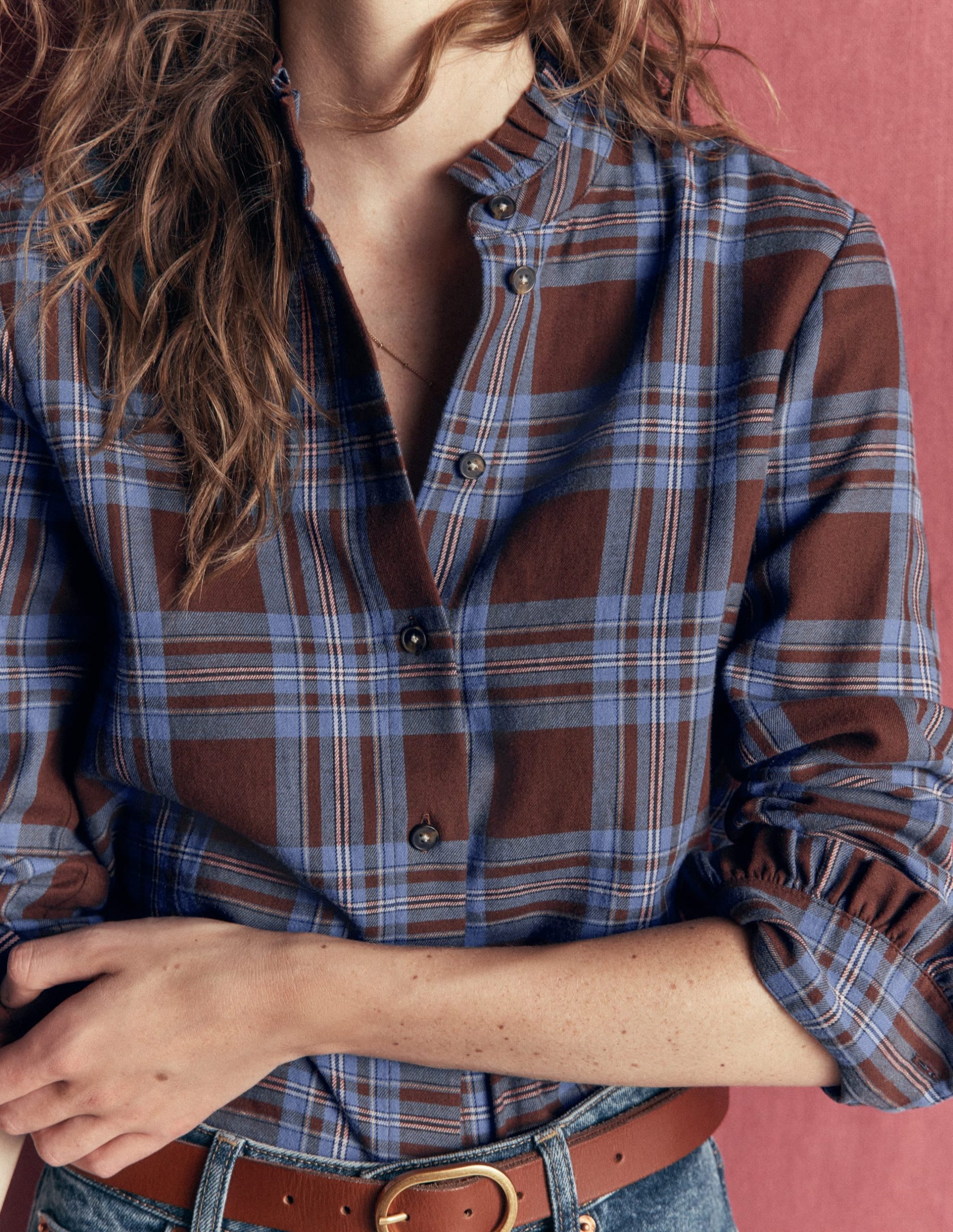 Sienna Frill Cotton Shirt-Brown. Blue And Pink Check - Image 2