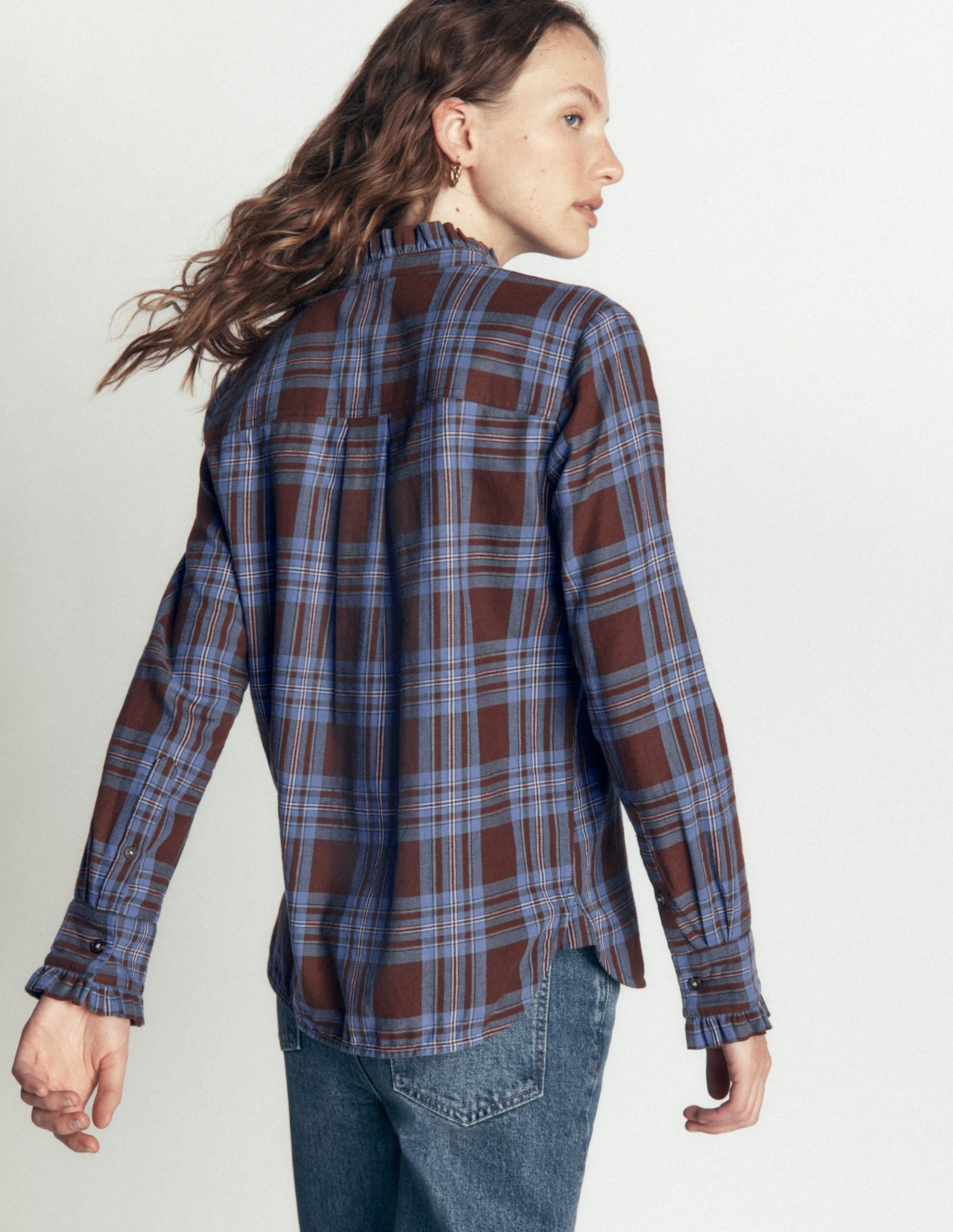 Sienna Frill Cotton Shirt-Brown. Blue And Pink Check - Image 3