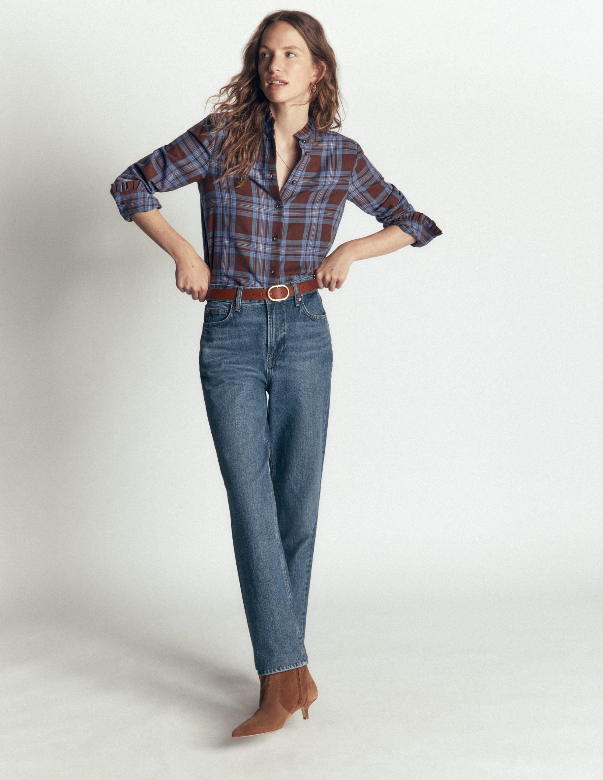 Sienna Frill Cotton Shirt-Brown. Blue And Pink Check - Image 4