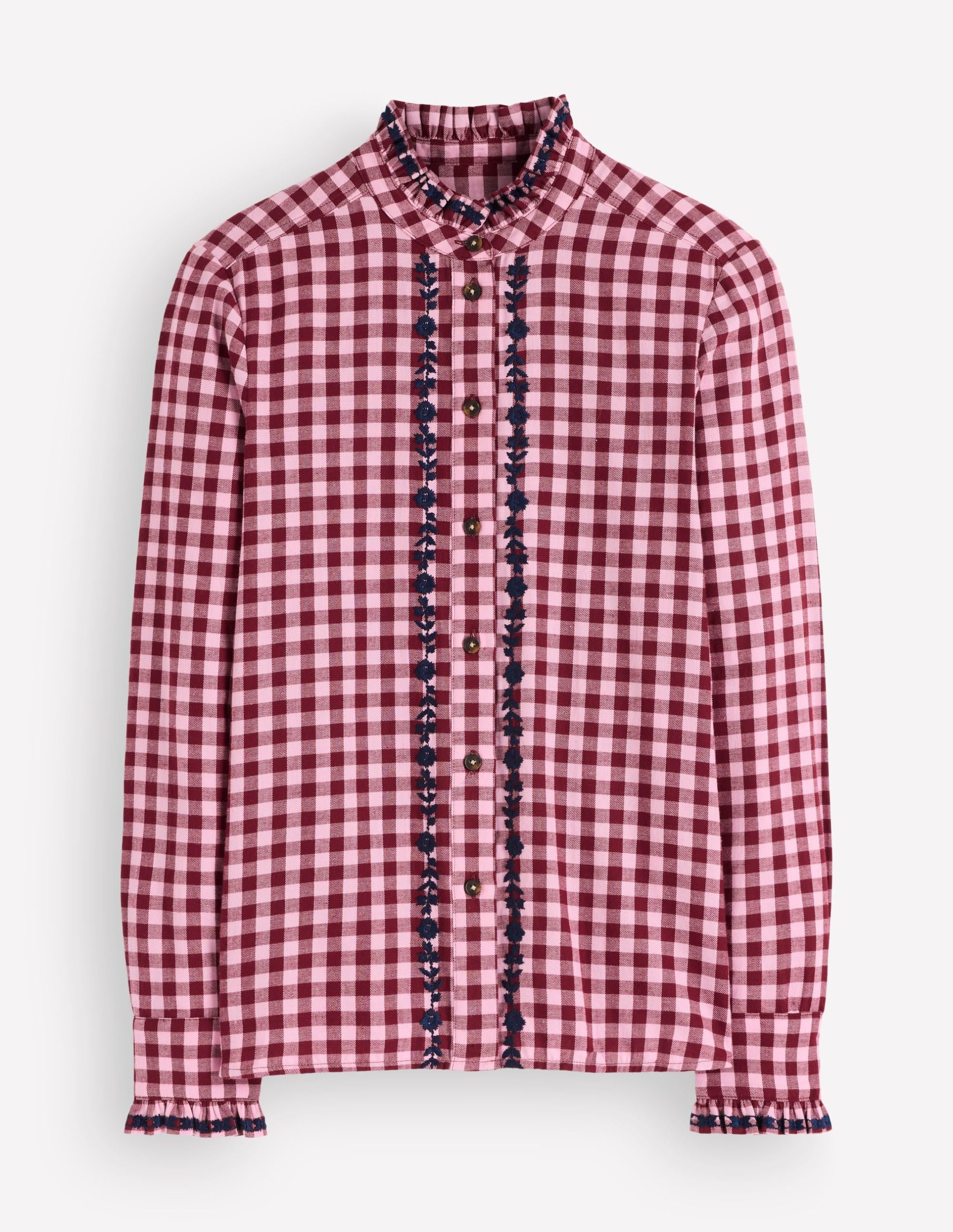 Sienna Frill Cotton Shirt-Embroidered Pink. Maroon Check - Image 6