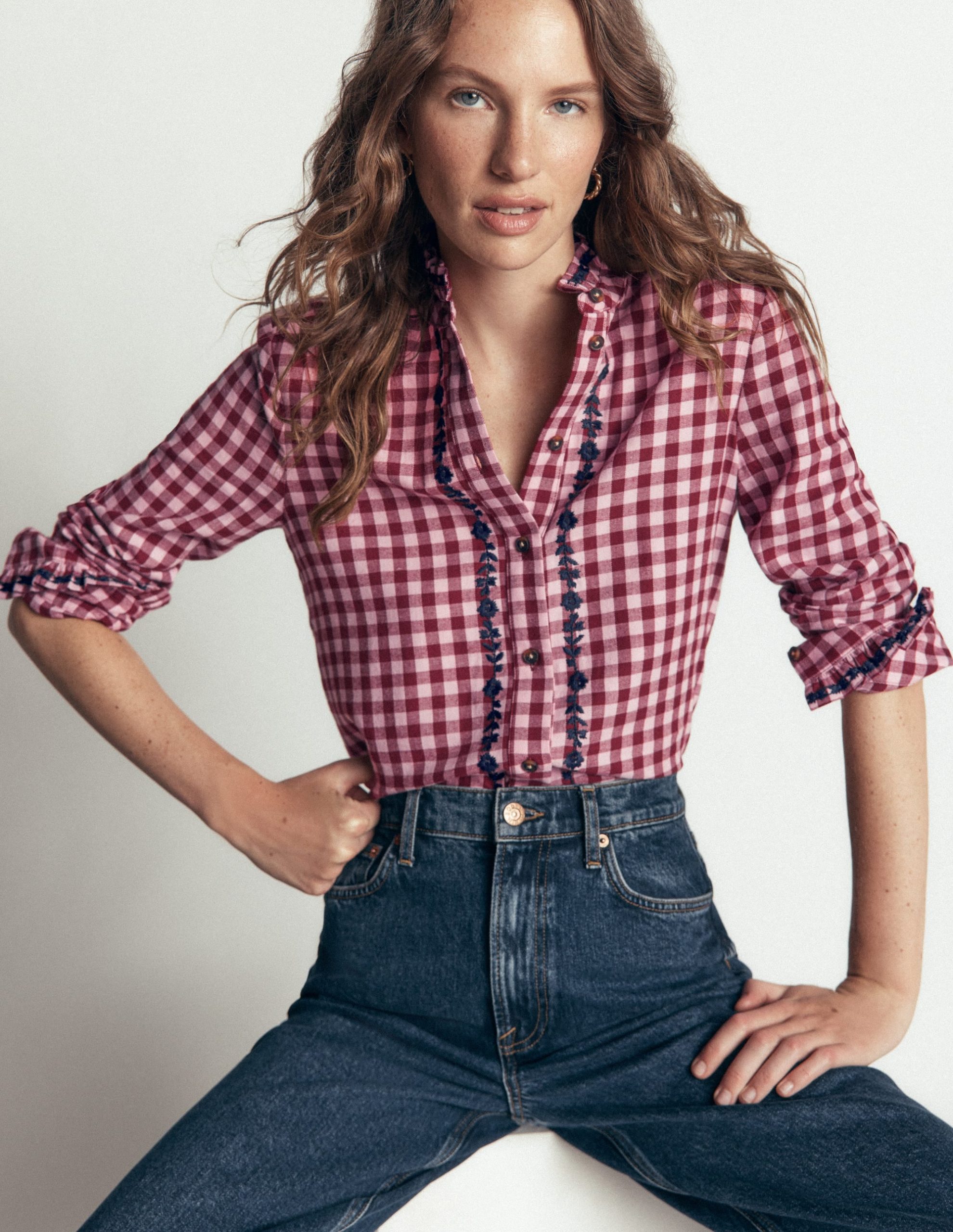 Sienna Frill Cotton Shirt-Embroidered Pink. Maroon Check