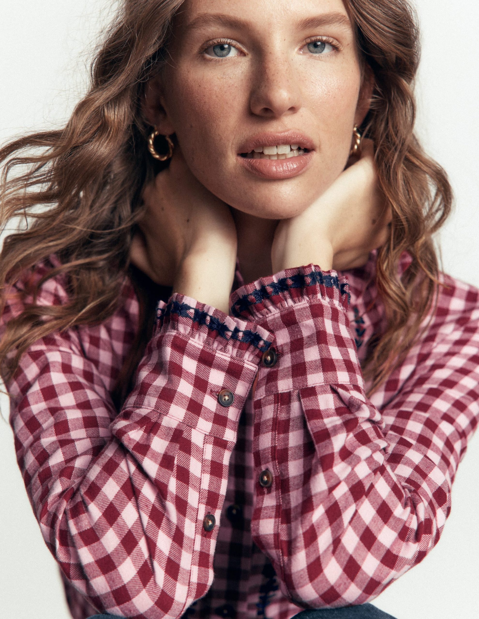 Sienna Frill Cotton Shirt-Embroidered Pink. Maroon Check - Image 2