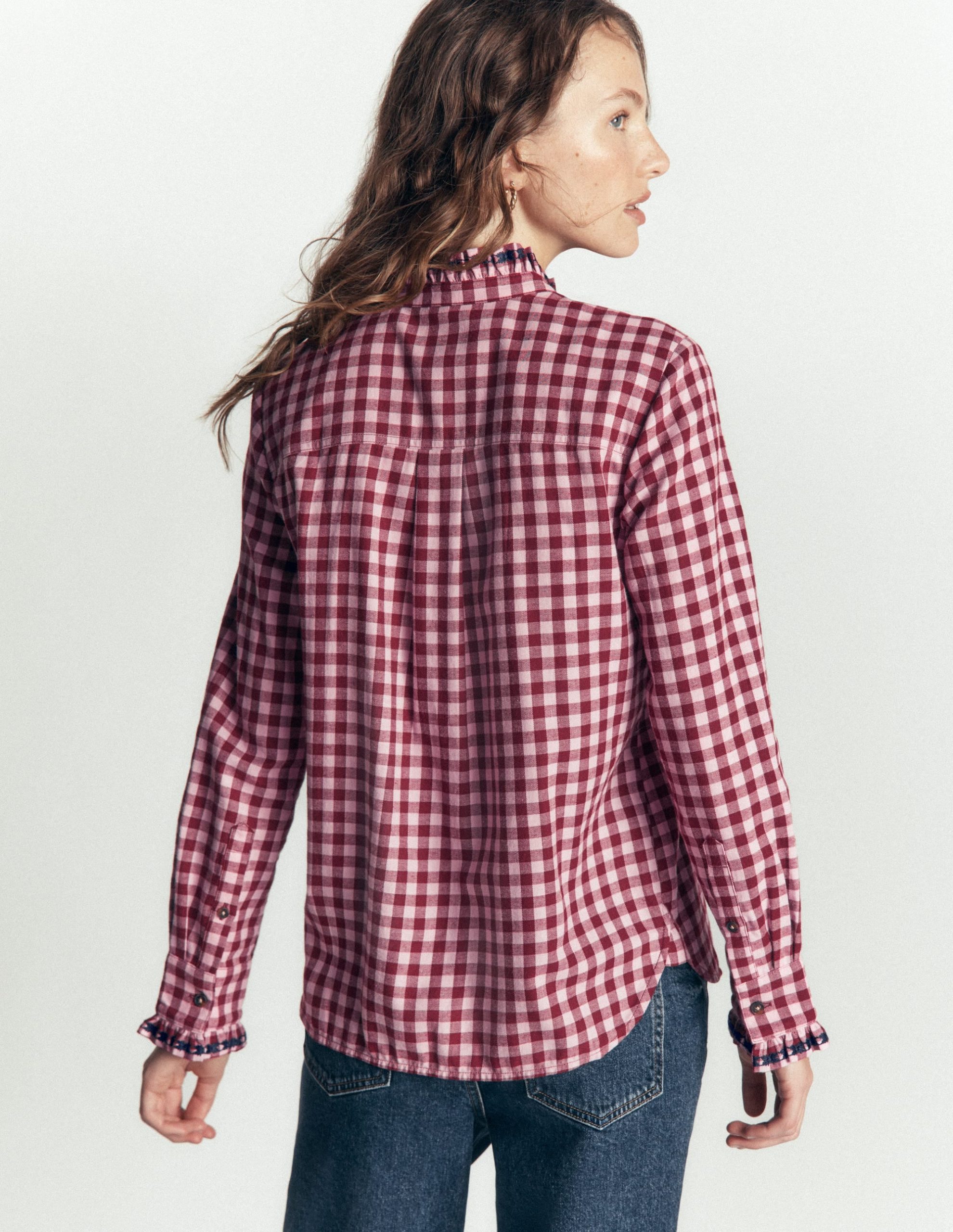 Sienna Frill Cotton Shirt-Embroidered Pink. Maroon Check - Image 3