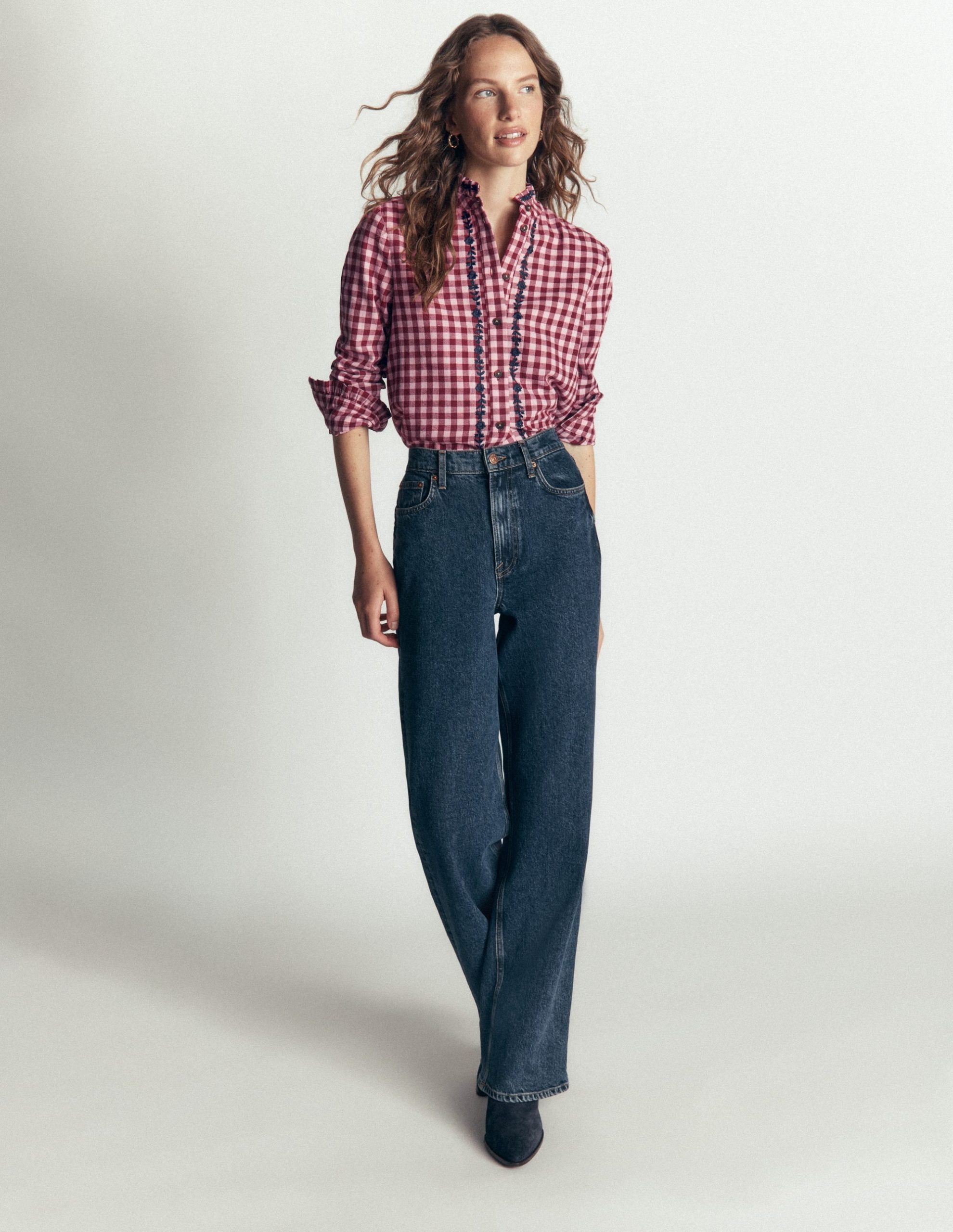 Sienna Frill Cotton Shirt-Embroidered Pink. Maroon Check - Image 4