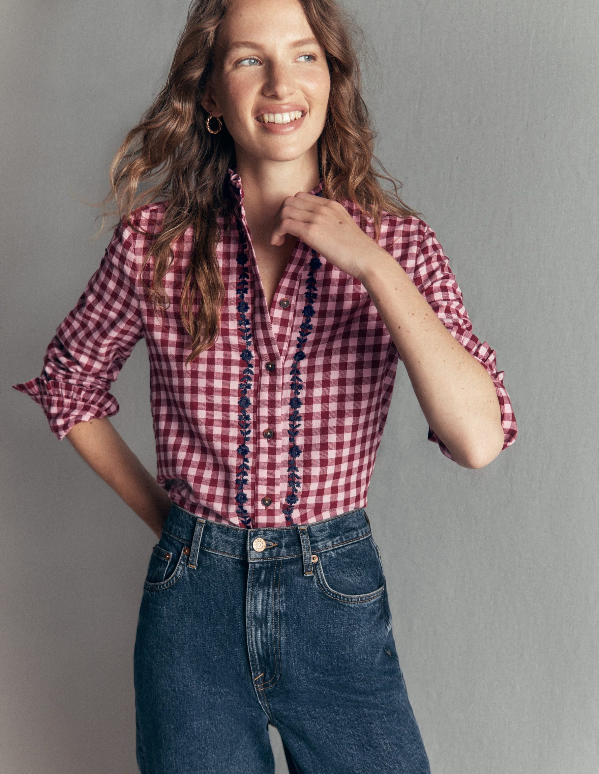 Sienna Frill Cotton Shirt-Embroidered Pink. Maroon Check - Image 5