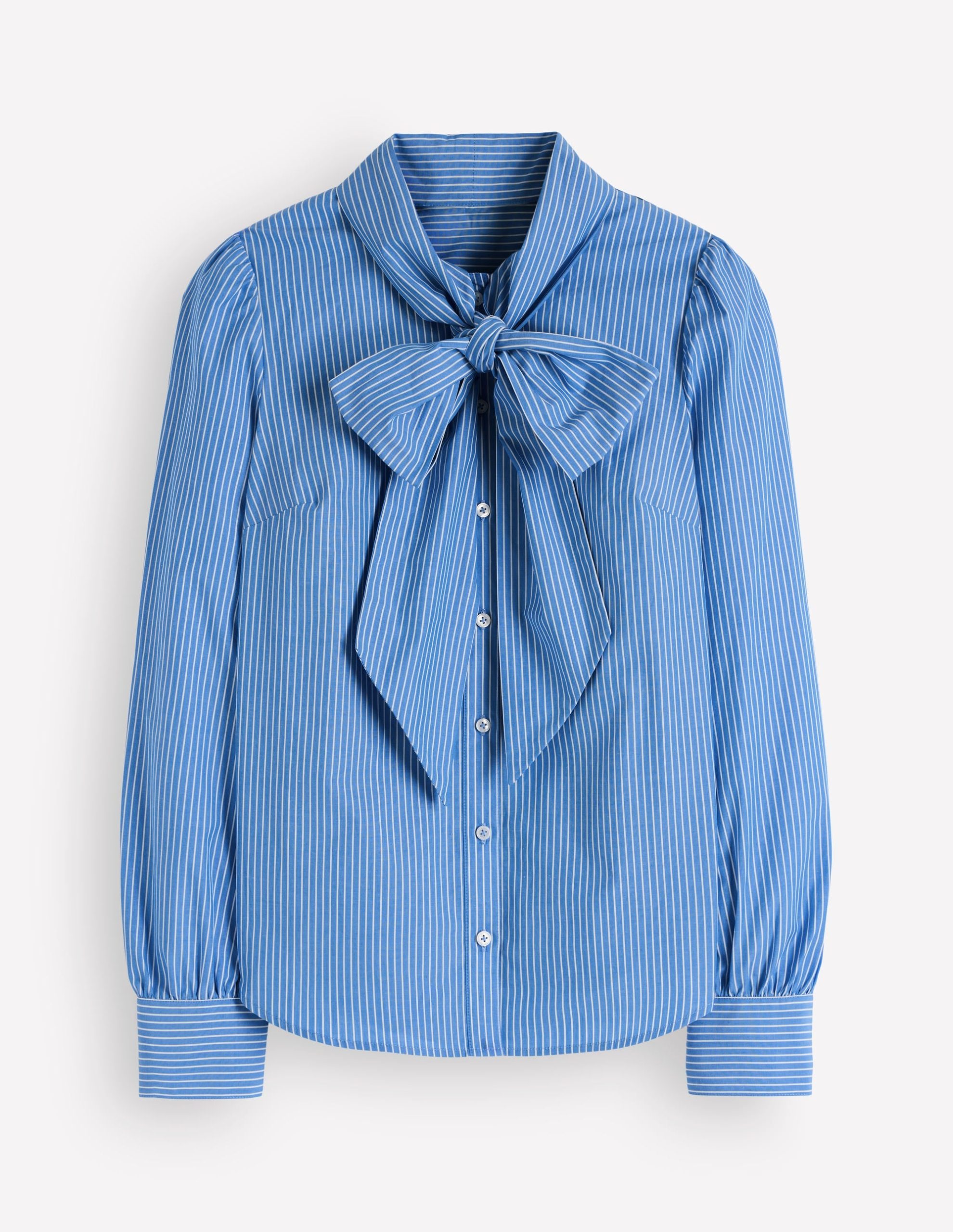 Clara Tie Neck Shirt-Blue. Ivory Fine Stripe - Image 6
