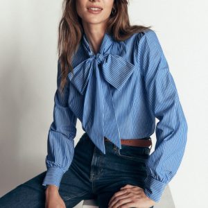 Clara Tie Neck Shirt-Blue. Ivory Fine Stripe