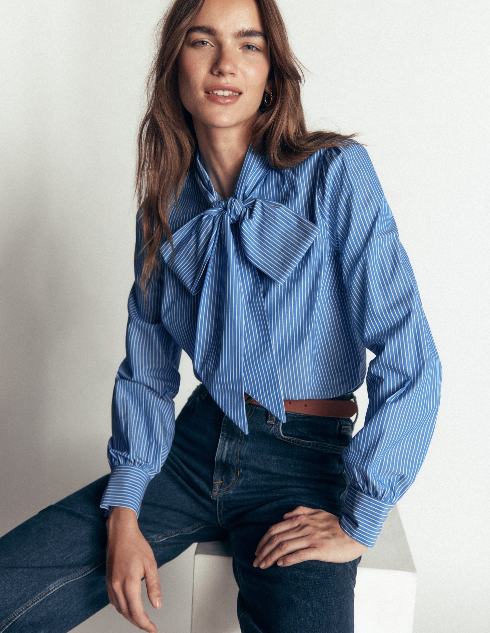 Clara Tie Neck Shirt-Blue. Ivory Fine Stripe