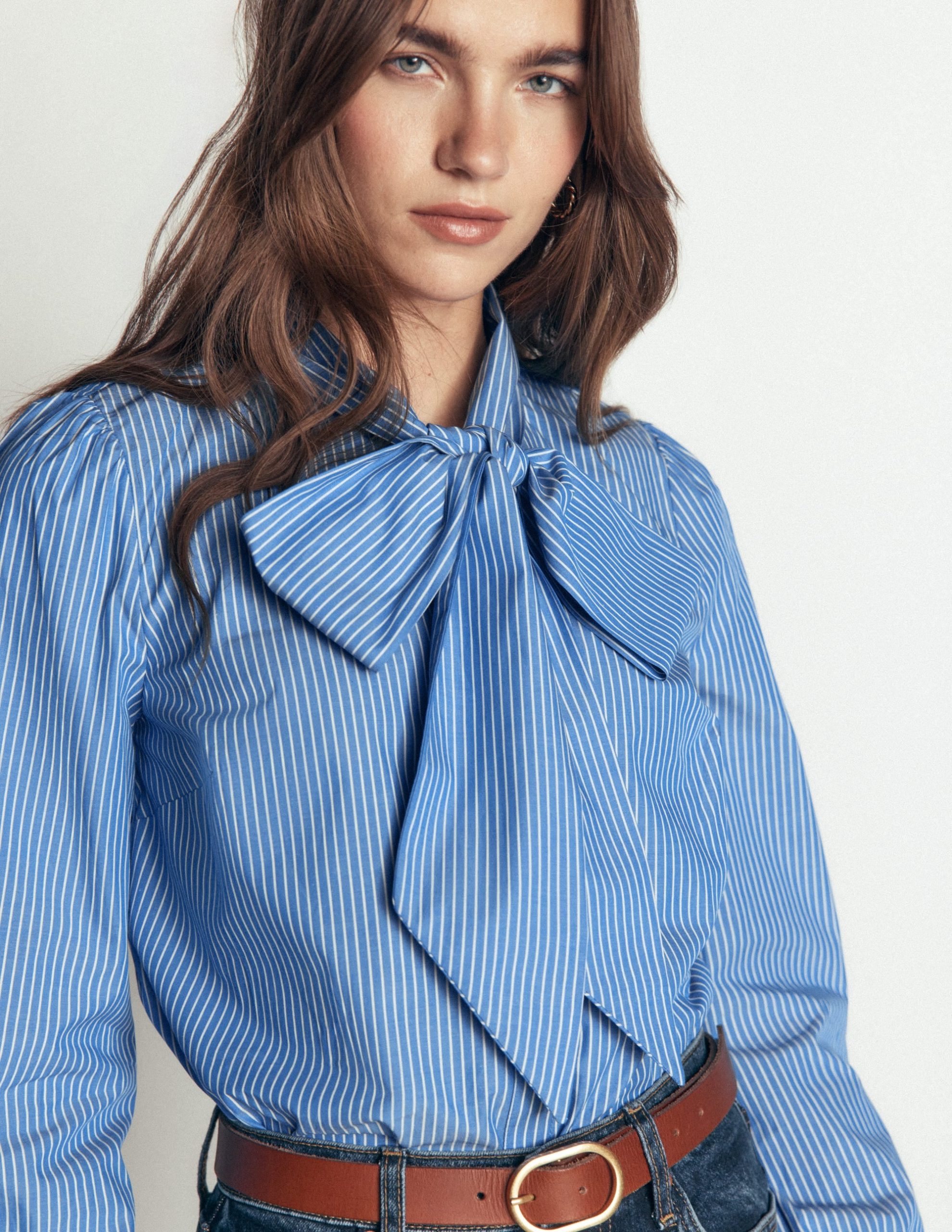 Clara Tie Neck Shirt-Blue. Ivory Fine Stripe - Image 2