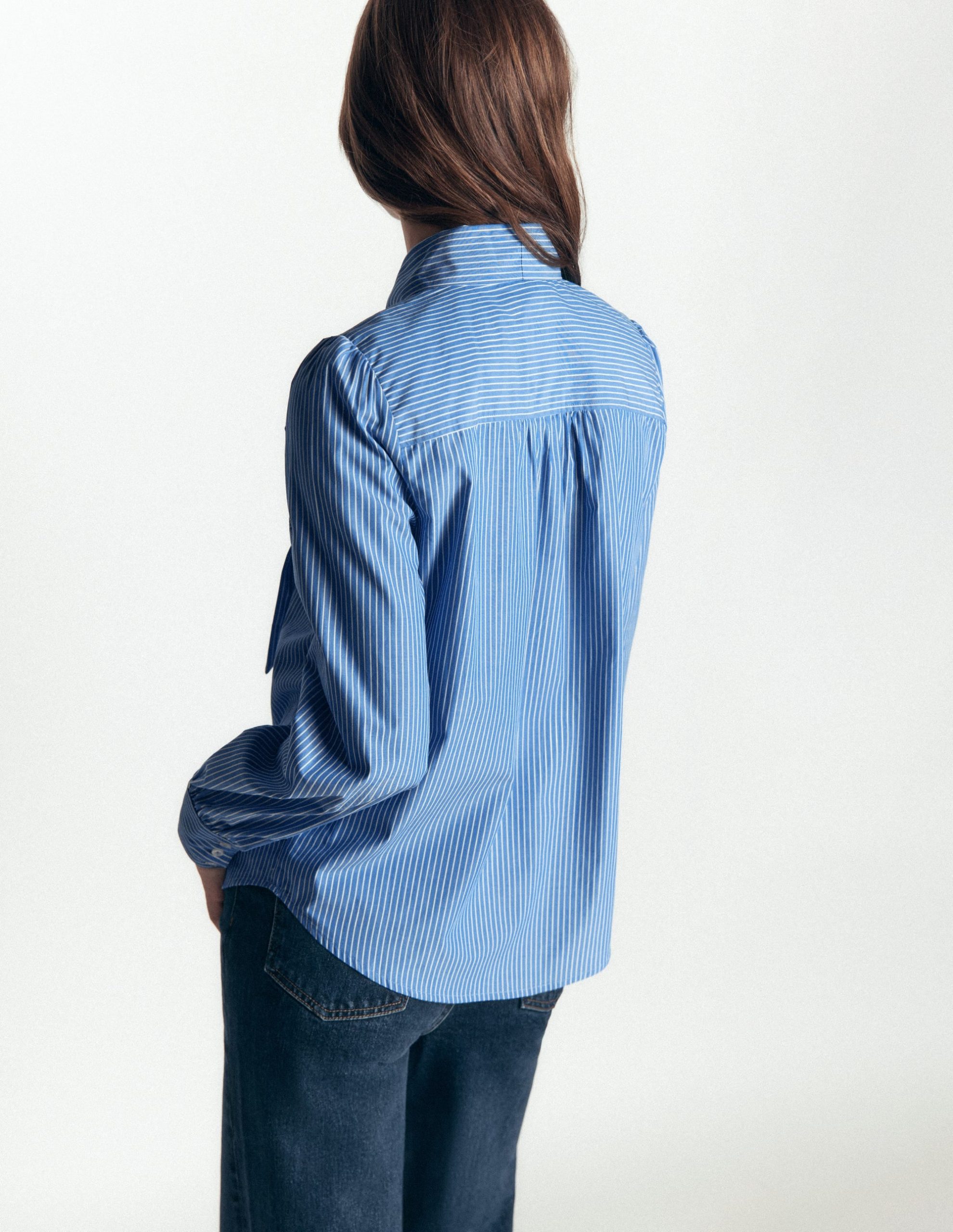 Clara Tie Neck Shirt-Blue. Ivory Fine Stripe - Image 3