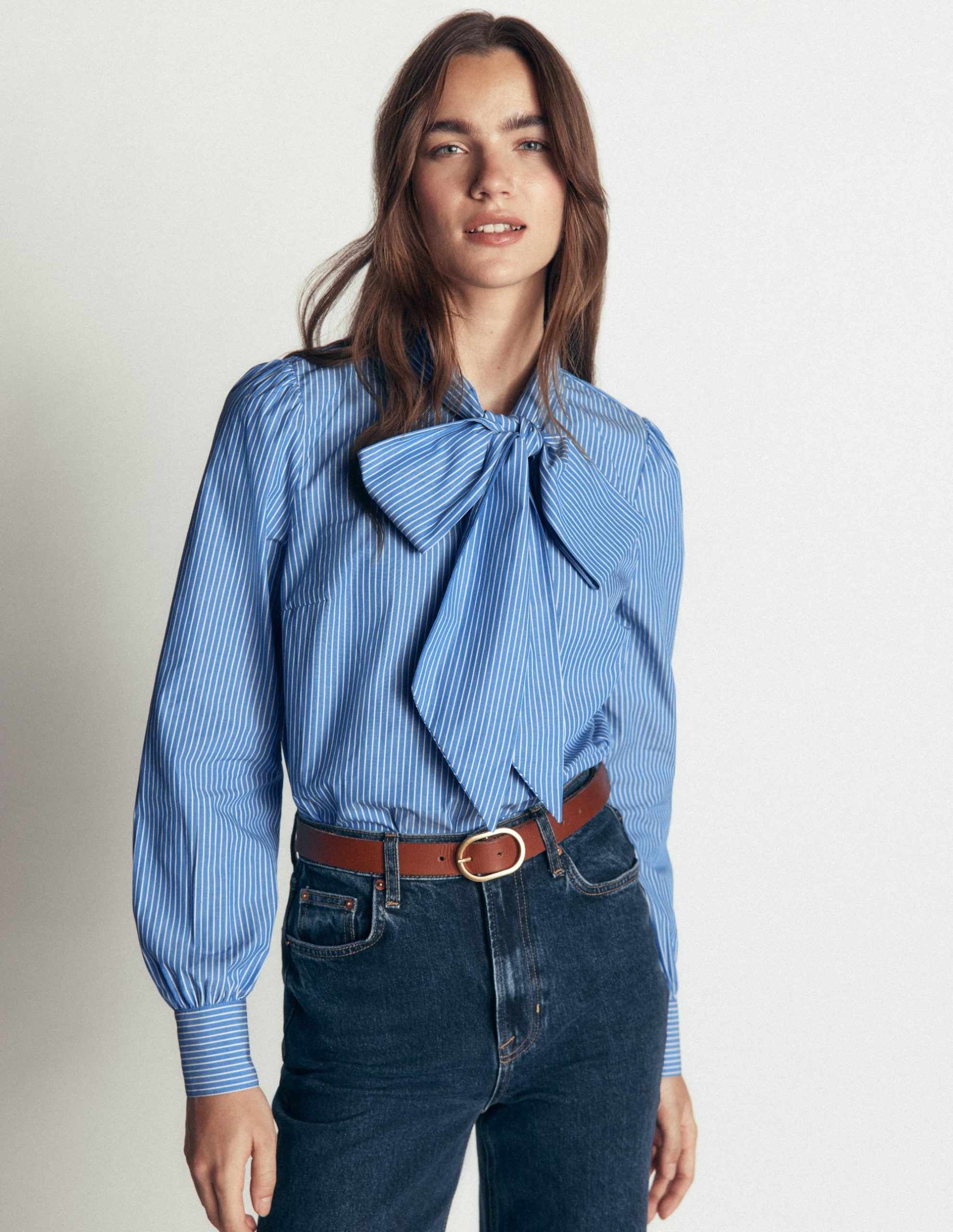 Clara Tie Neck Shirt-Blue. Ivory Fine Stripe - Image 4