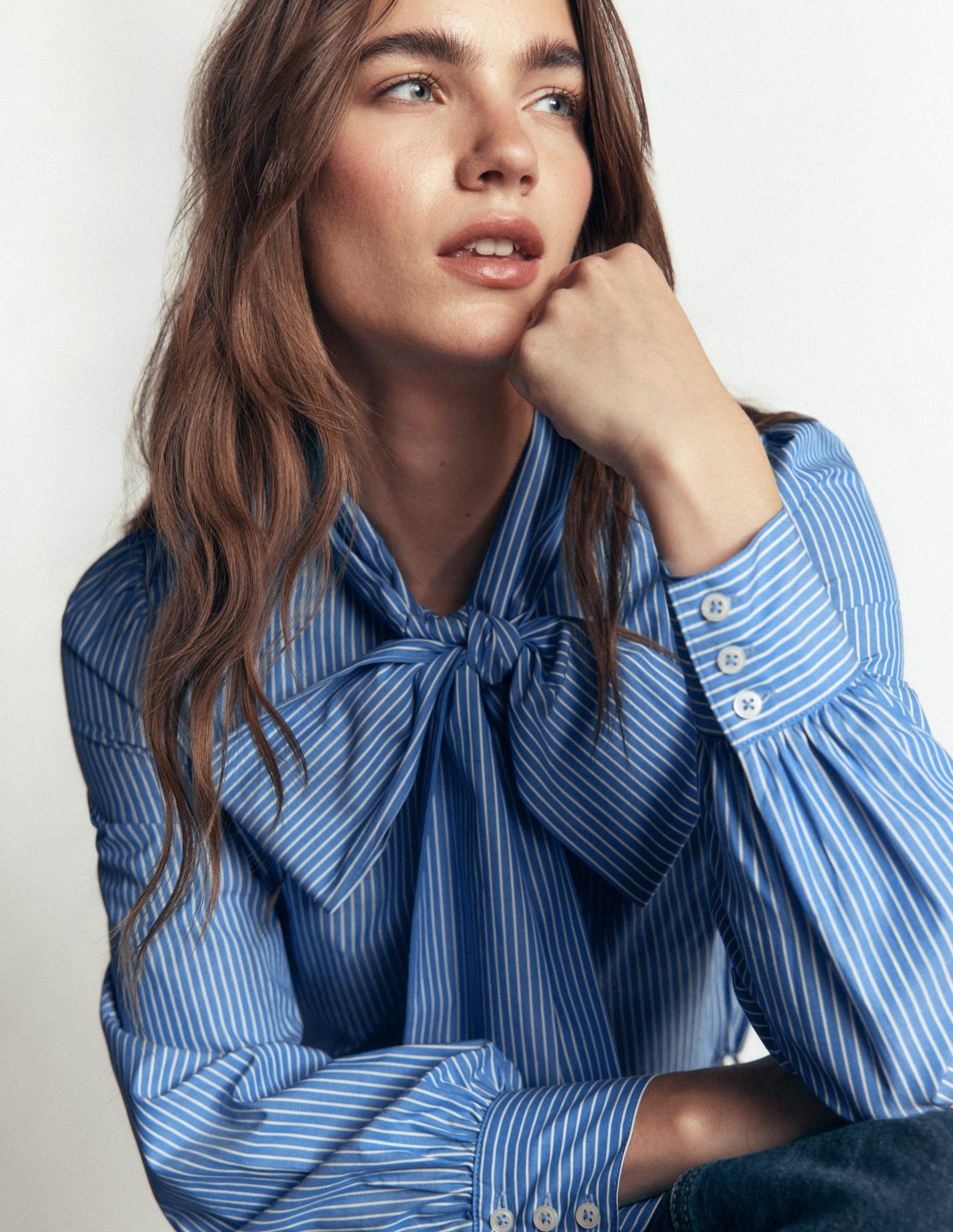 Clara Tie Neck Shirt-Blue. Ivory Fine Stripe - Image 5