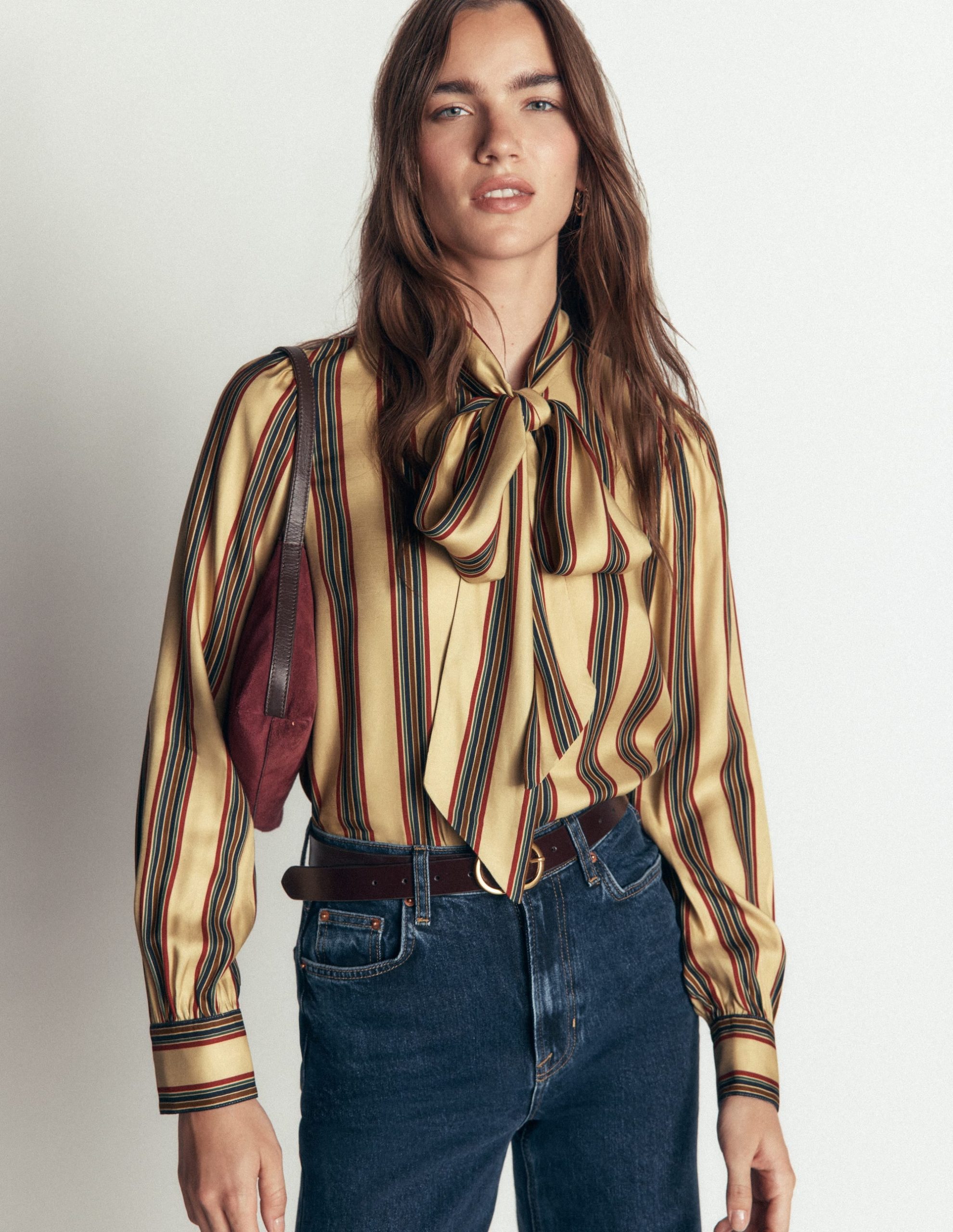 Clara Silk Blend Tie Neck Top-Collegic Stripe - Image 2