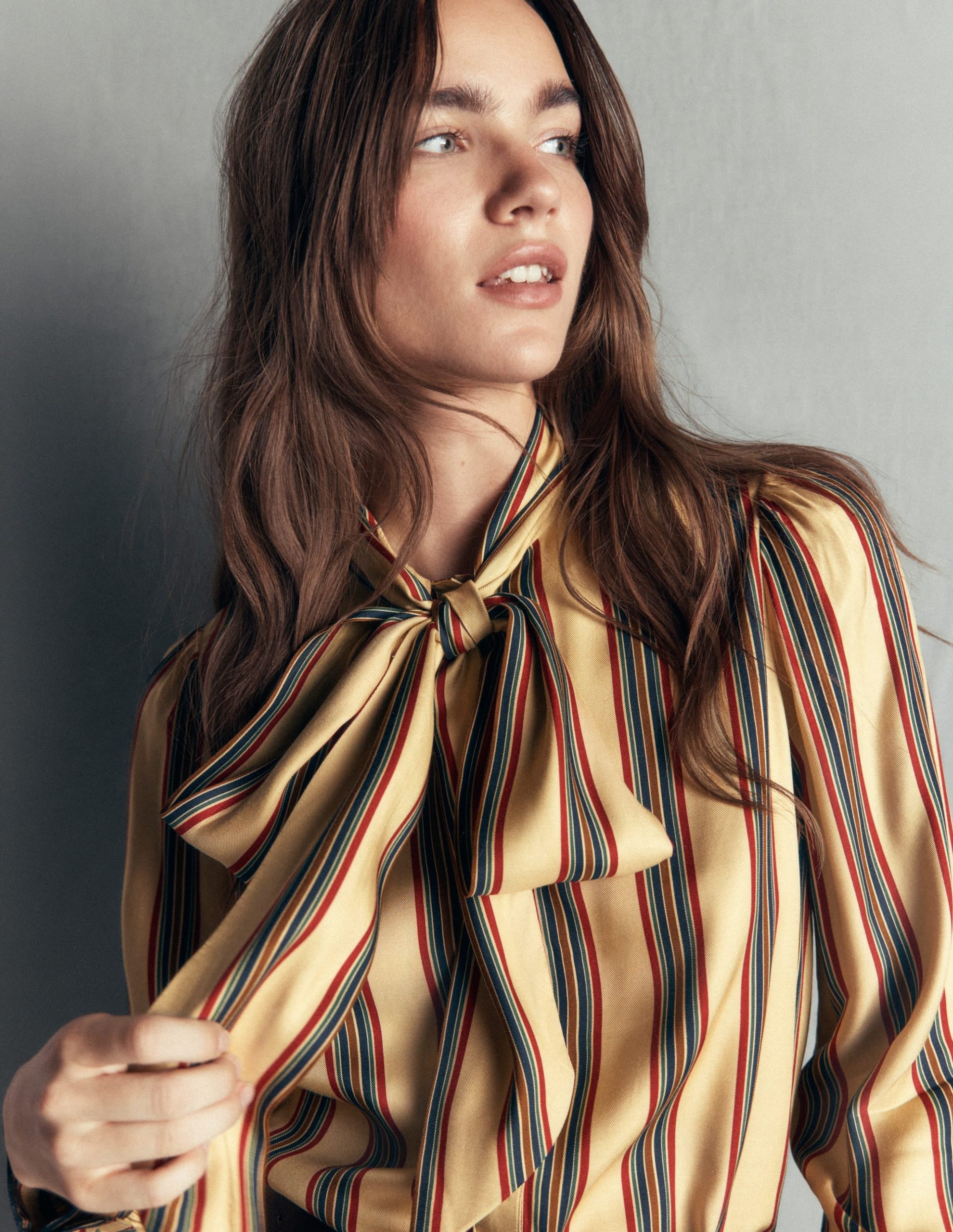 Clara Silk Blend Tie Neck Top-Collegic Stripe - Image 3