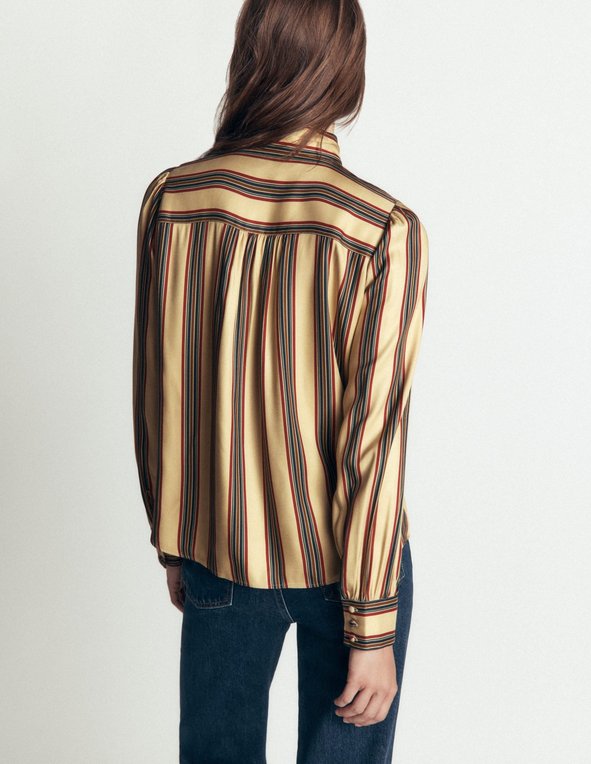 Clara Silk Blend Tie Neck Top-Collegic Stripe - Image 4