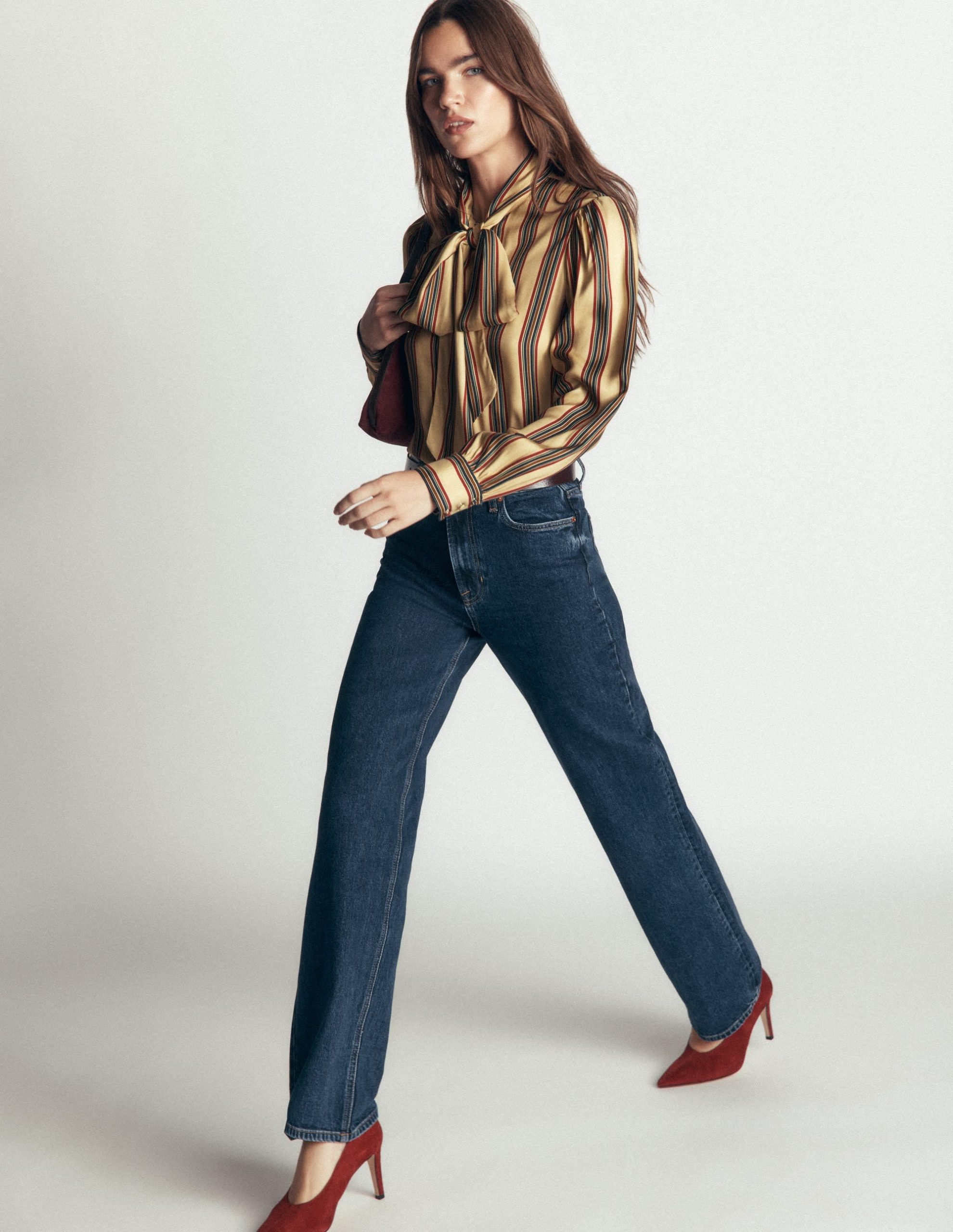 Clara Silk Blend Tie Neck Top-Collegic Stripe - Image 5