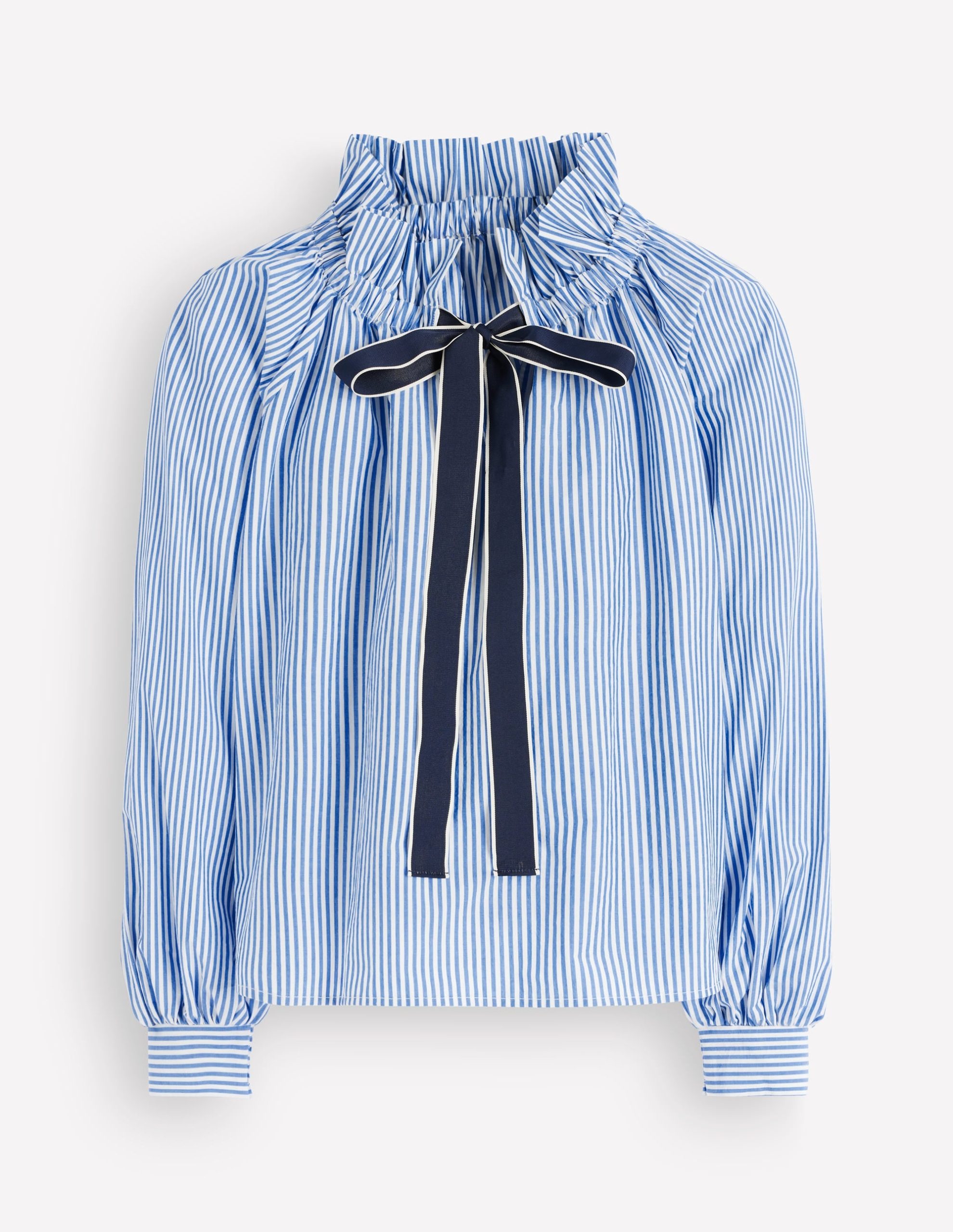 Bow Neck Ruffled Top-Bright Blue. Ivory Stripe - Image 8