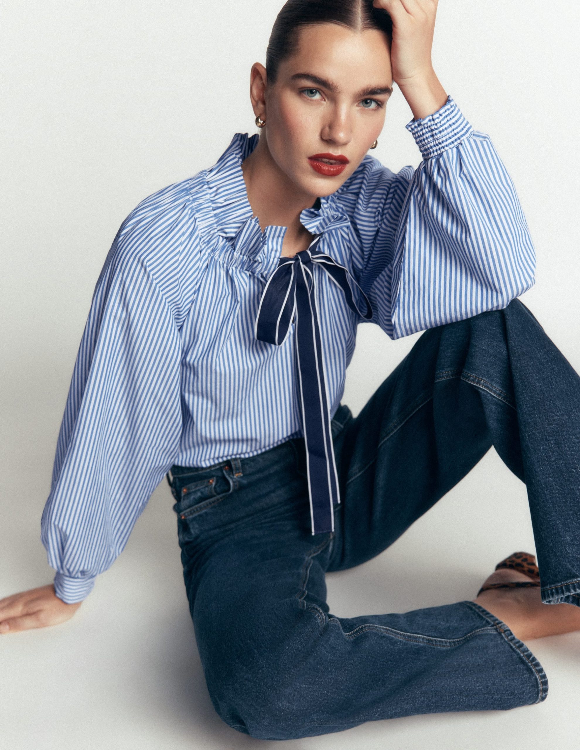 Bow Neck Ruffled Top-Bright Blue. Ivory Stripe - Image 2