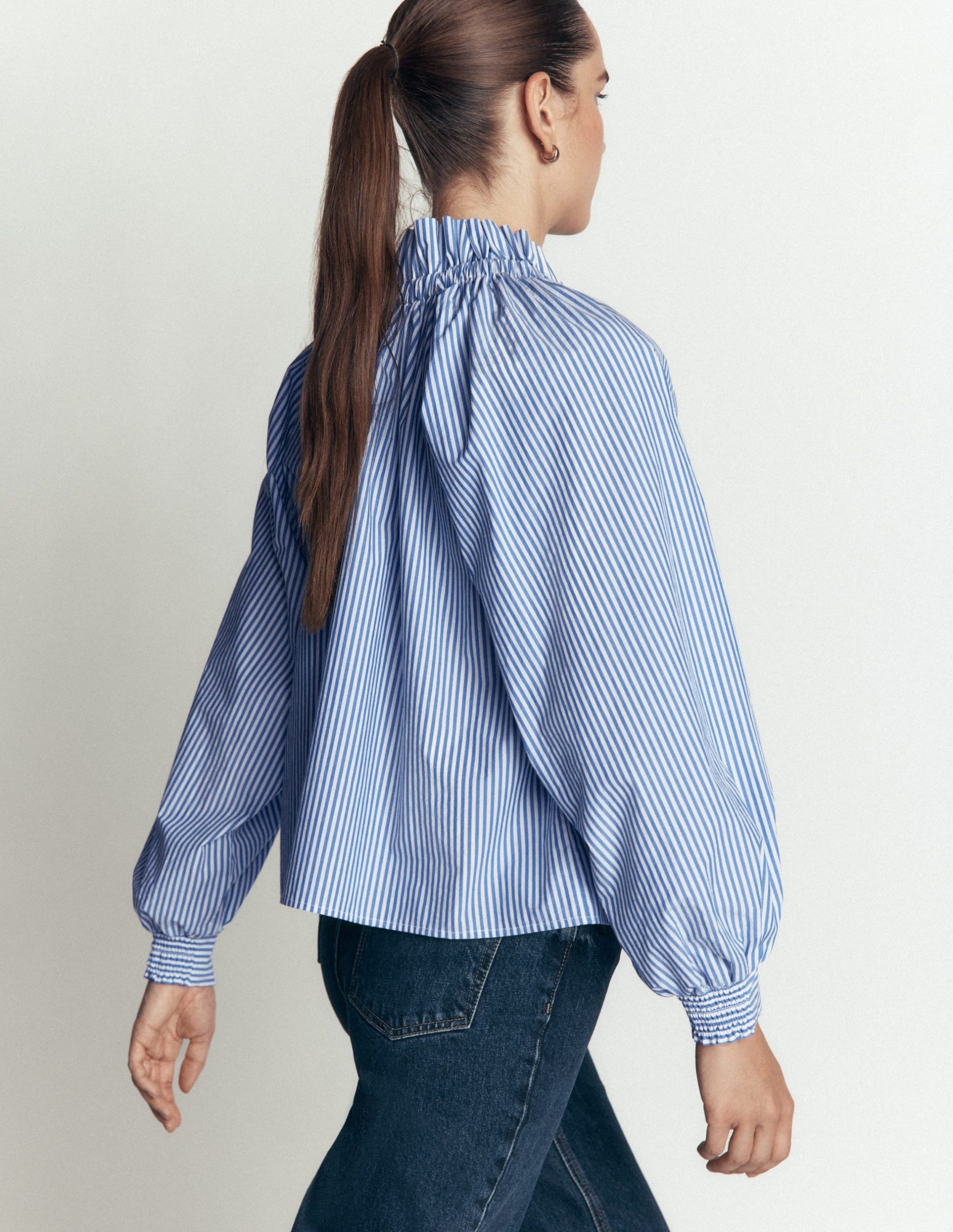 Bow Neck Ruffled Top-Bright Blue. Ivory Stripe - Image 4