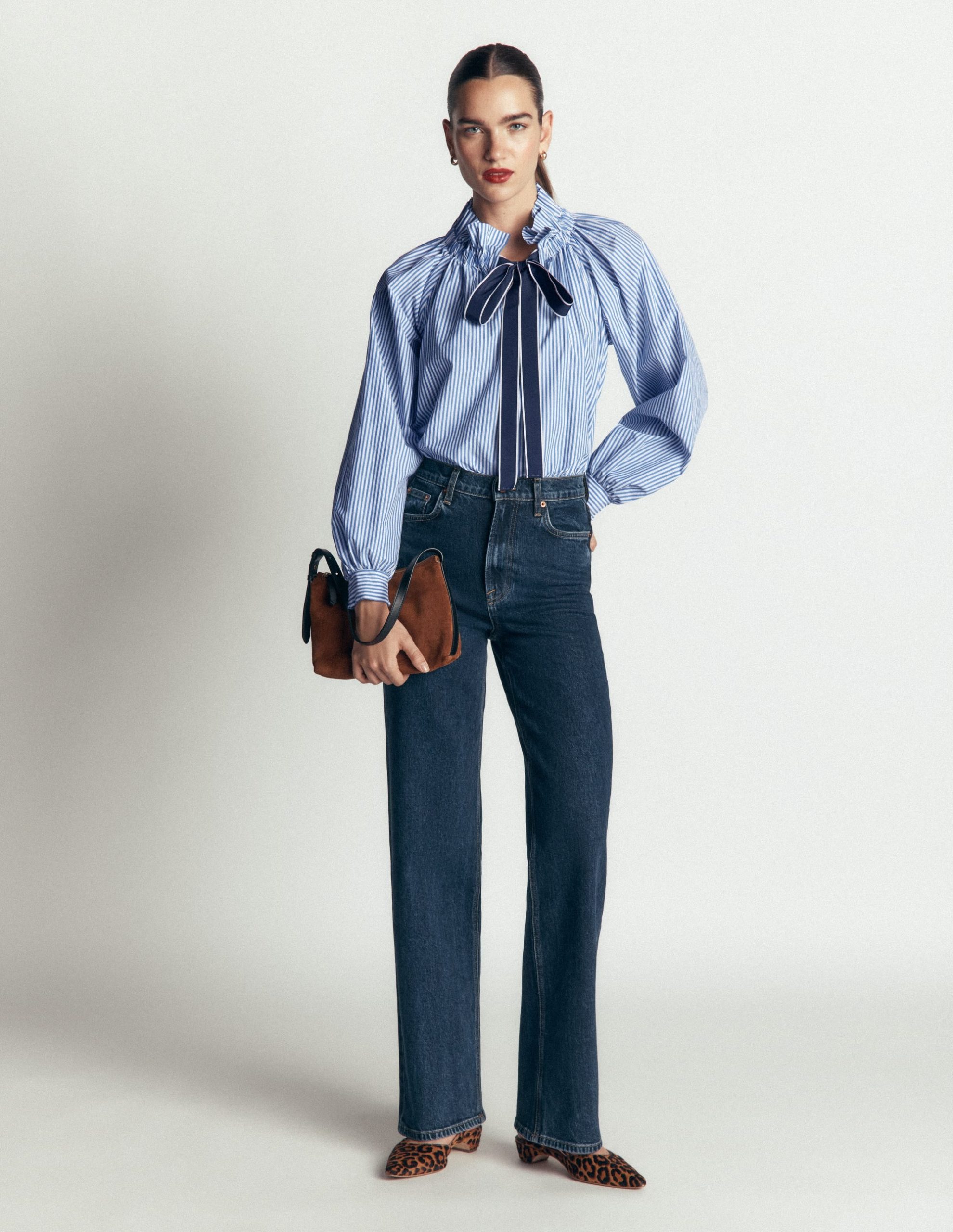 Bow Neck Ruffled Top-Bright Blue. Ivory Stripe - Image 5