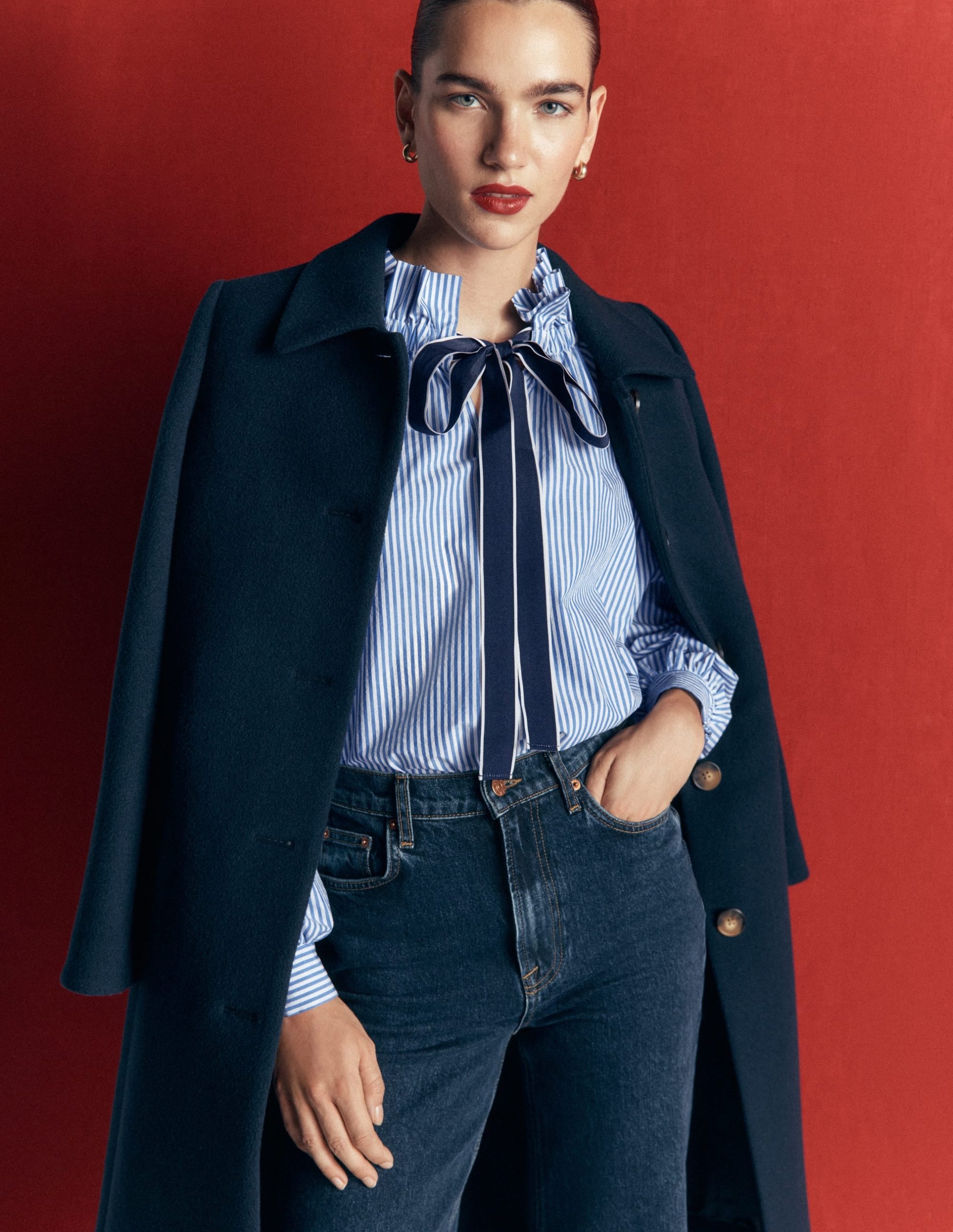 Bow Neck Ruffled Top-Bright Blue. Ivory Stripe - Image 7