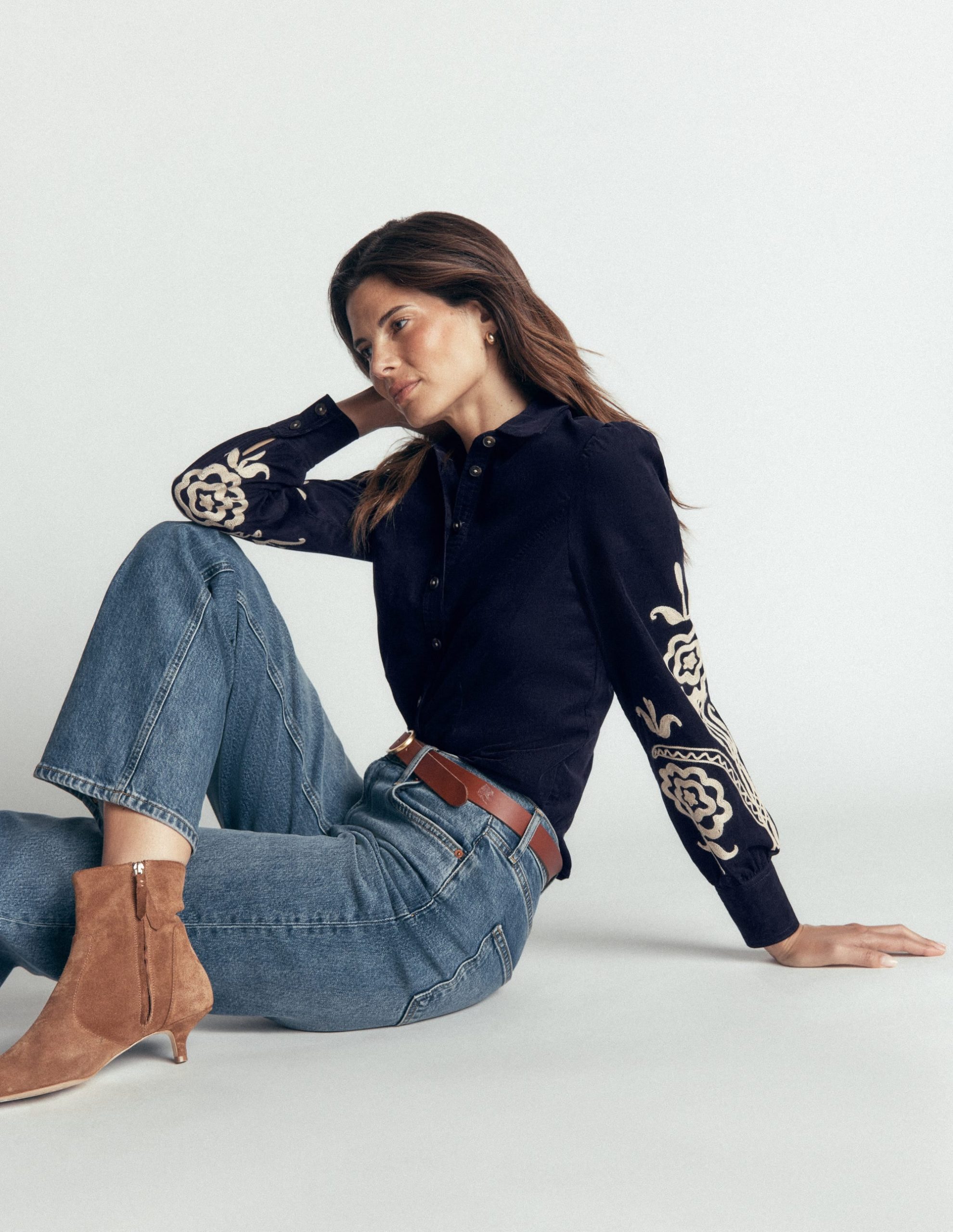 Sky Cord Shirt-Navy. Embroidered