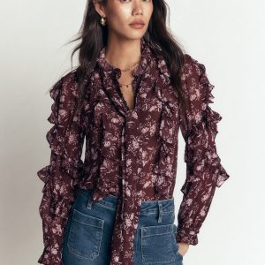 Ruffled Georgette Top-Chocolate. Enchanted Sprigs