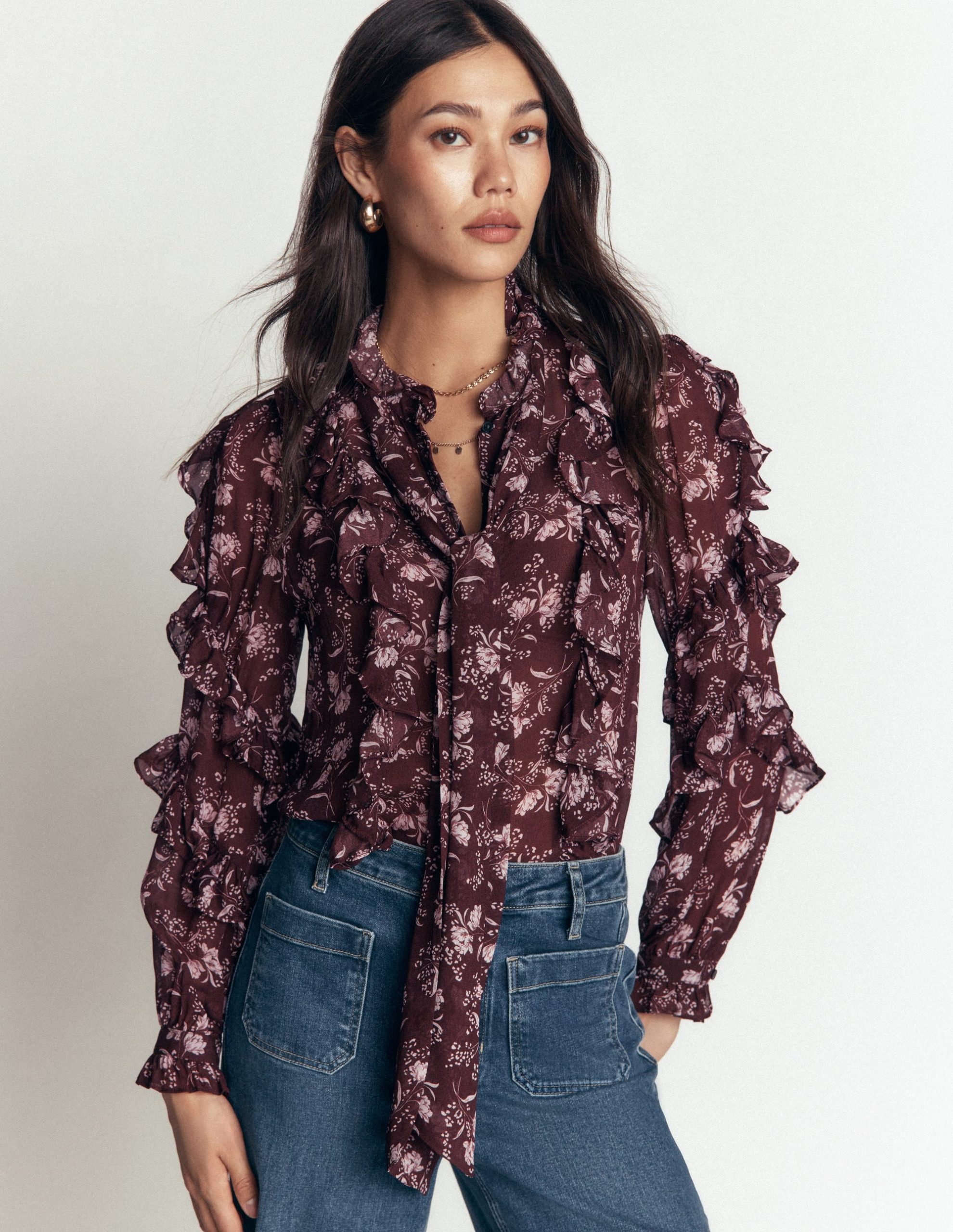 Ruffled Georgette Top-Chocolate. Enchanted Sprigs