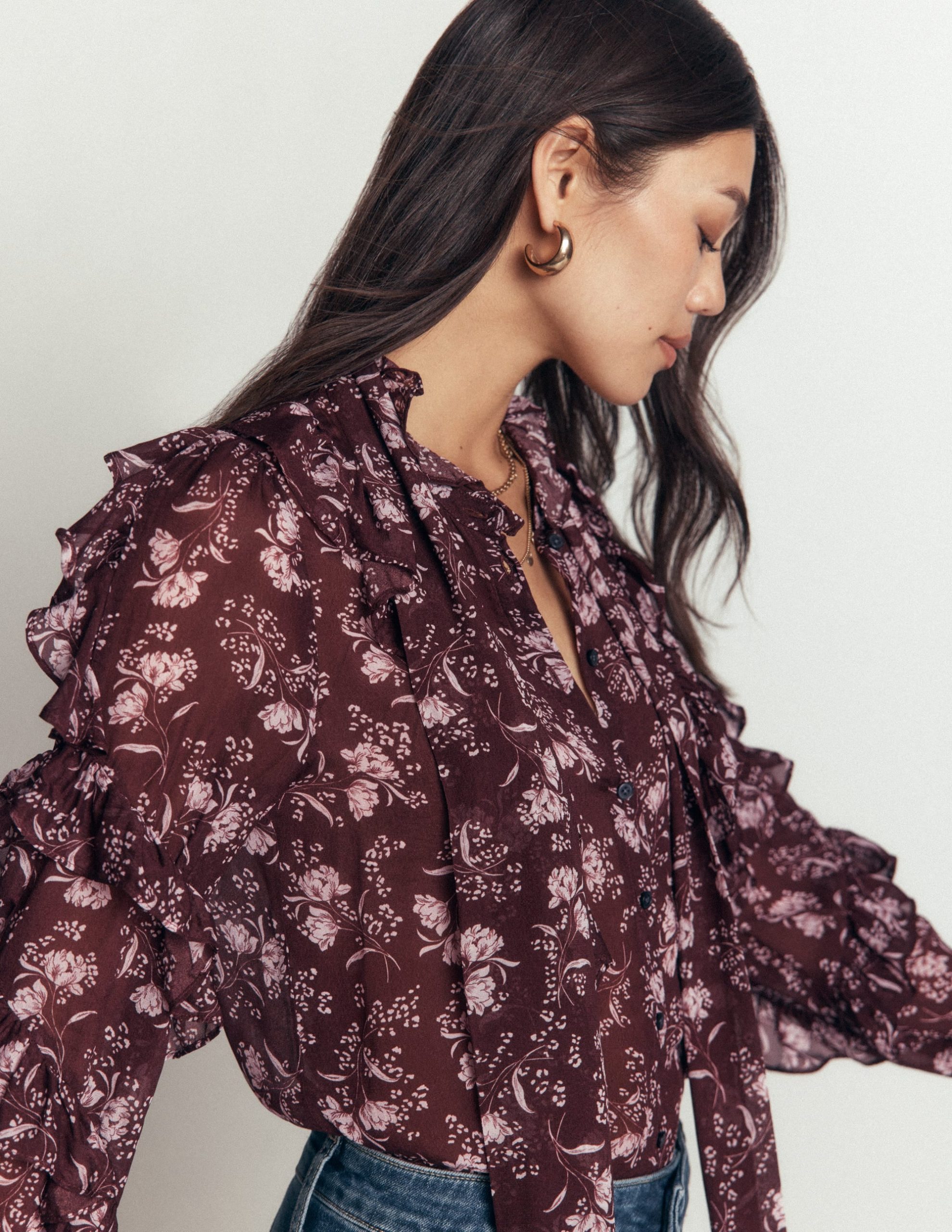 Ruffled Georgette Top-Chocolate. Enchanted Sprigs - Image 2