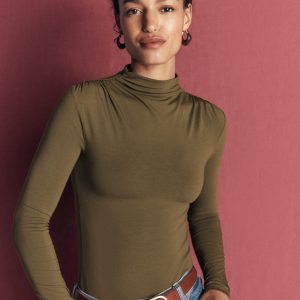Tia Ruched High Neck Top-Dark Olive