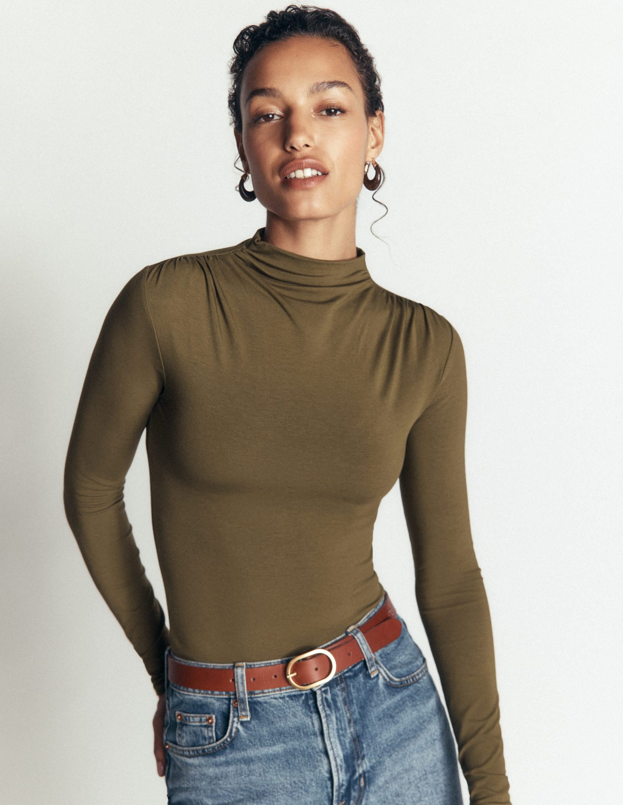 Tia Ruched High Neck Top-Dark Olive - Image 4
