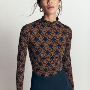 High Neck Jersey Top-French Navy. Geo Parade Mono
