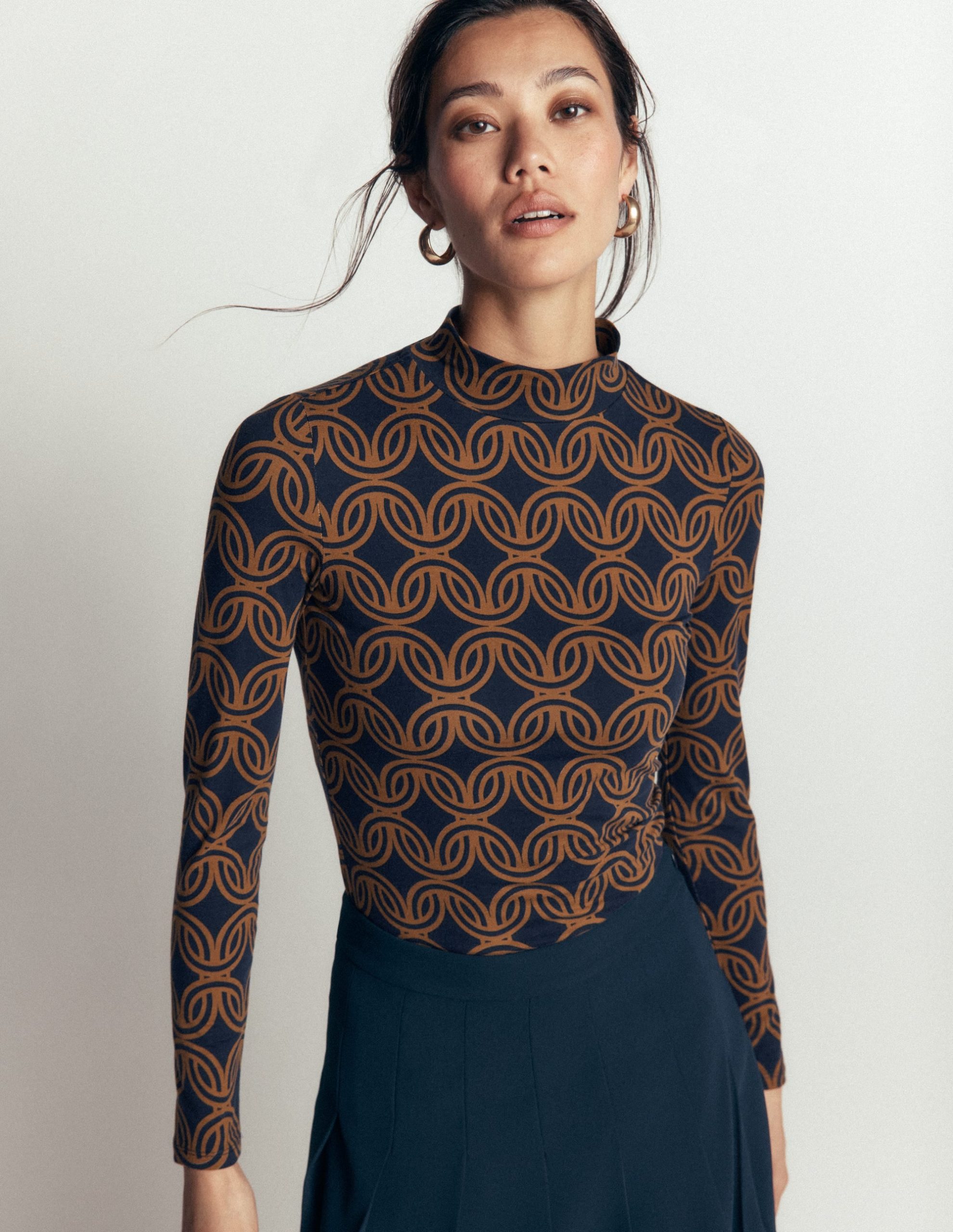 High Neck Jersey Top-French Navy. Geo Parade Mono