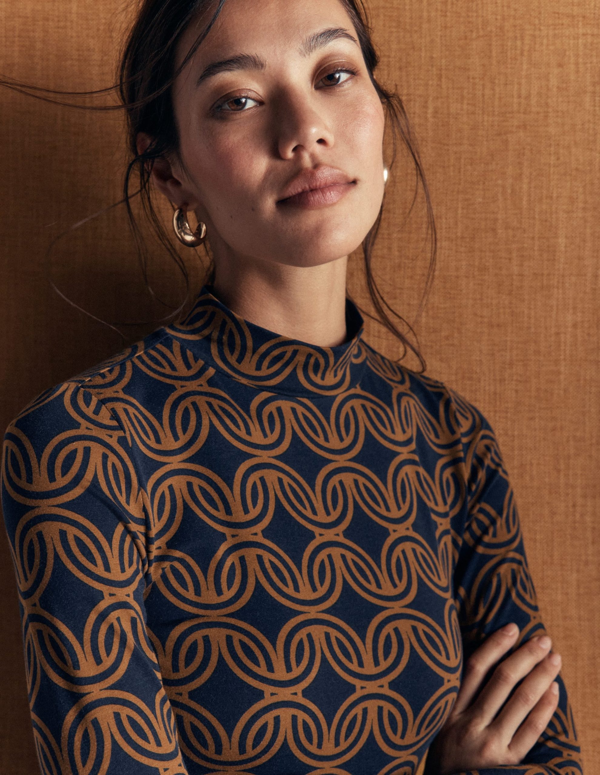 High Neck Jersey Top-French Navy. Geo Parade Mono - Image 2