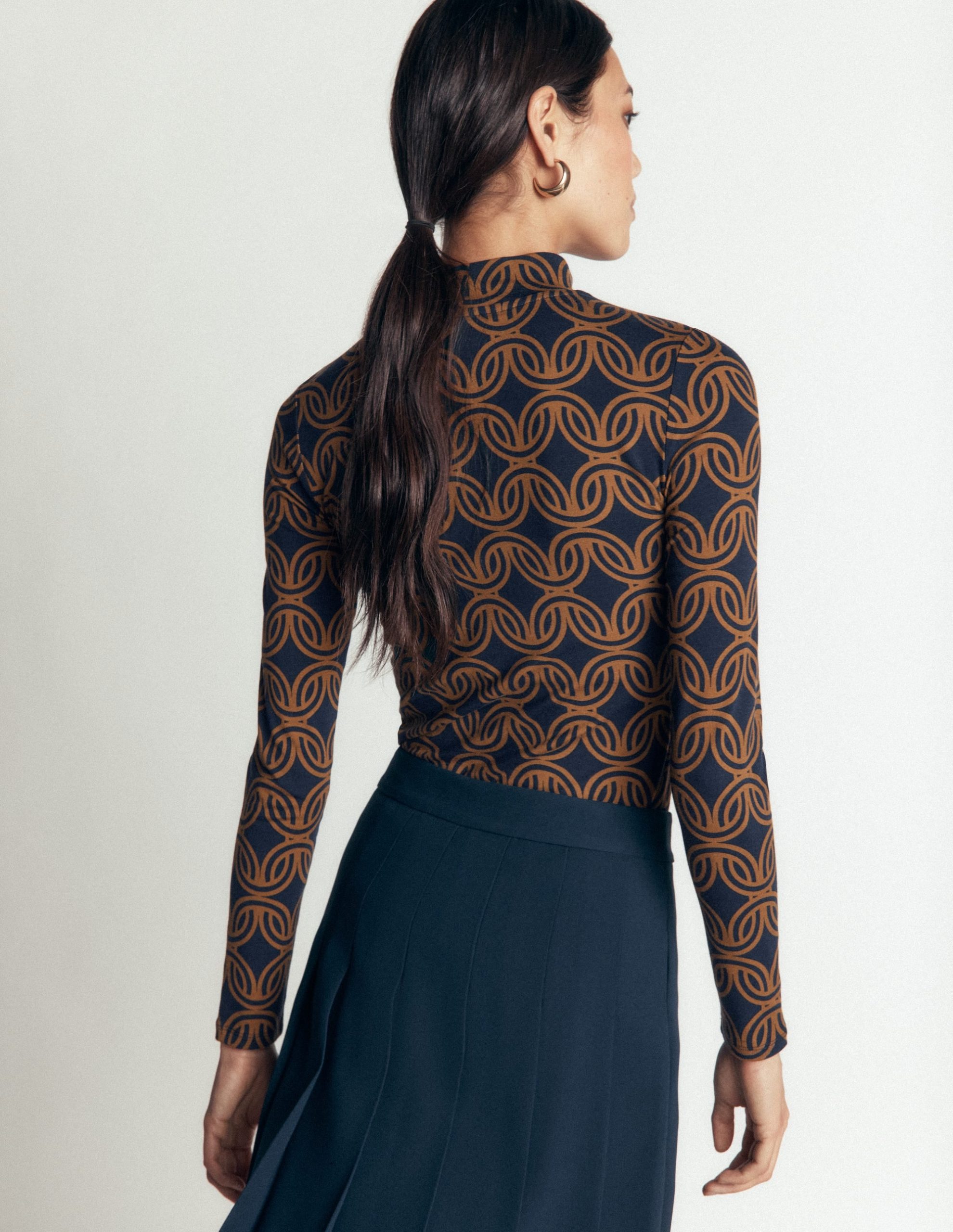High Neck Jersey Top-French Navy. Geo Parade Mono - Image 3