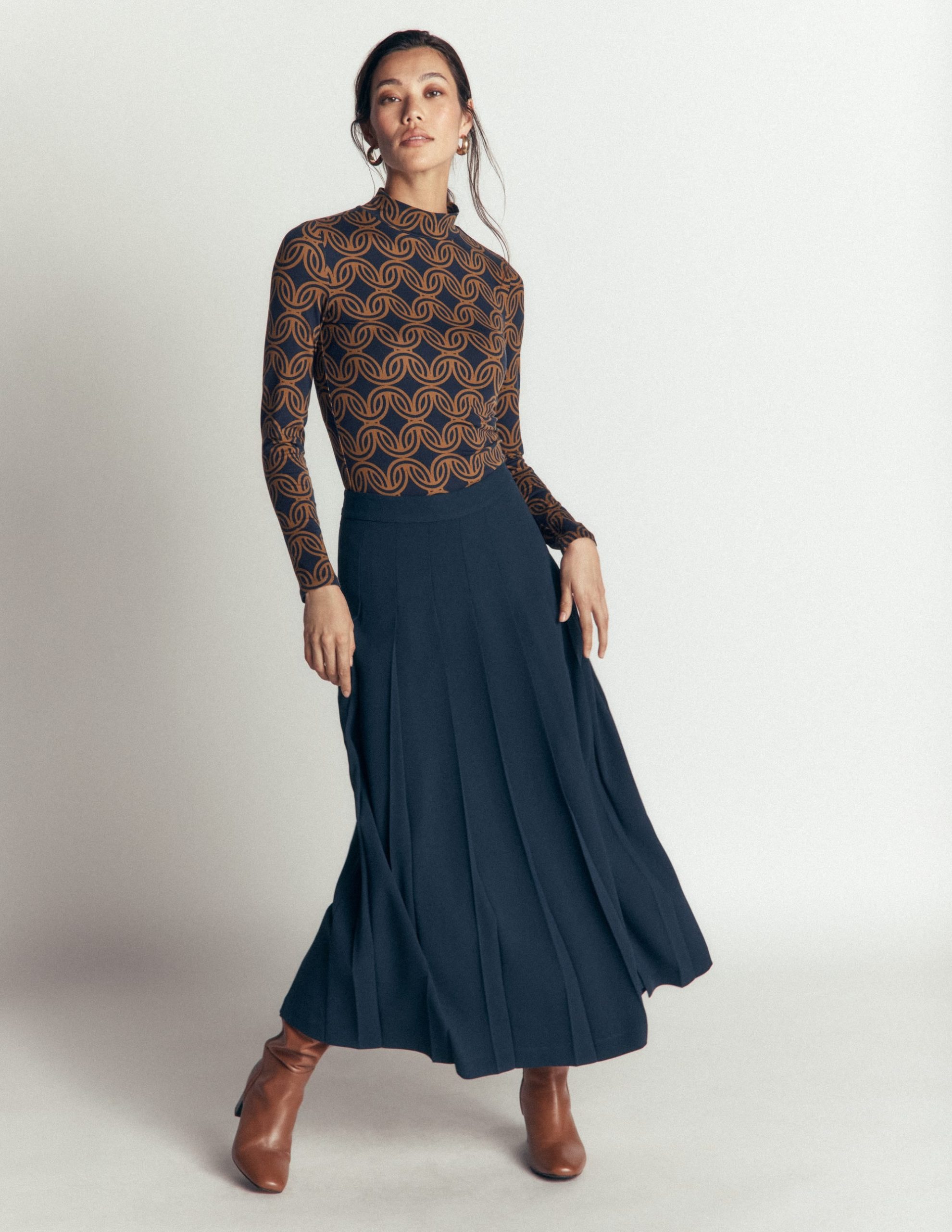 High Neck Jersey Top-French Navy. Geo Parade Mono - Image 4